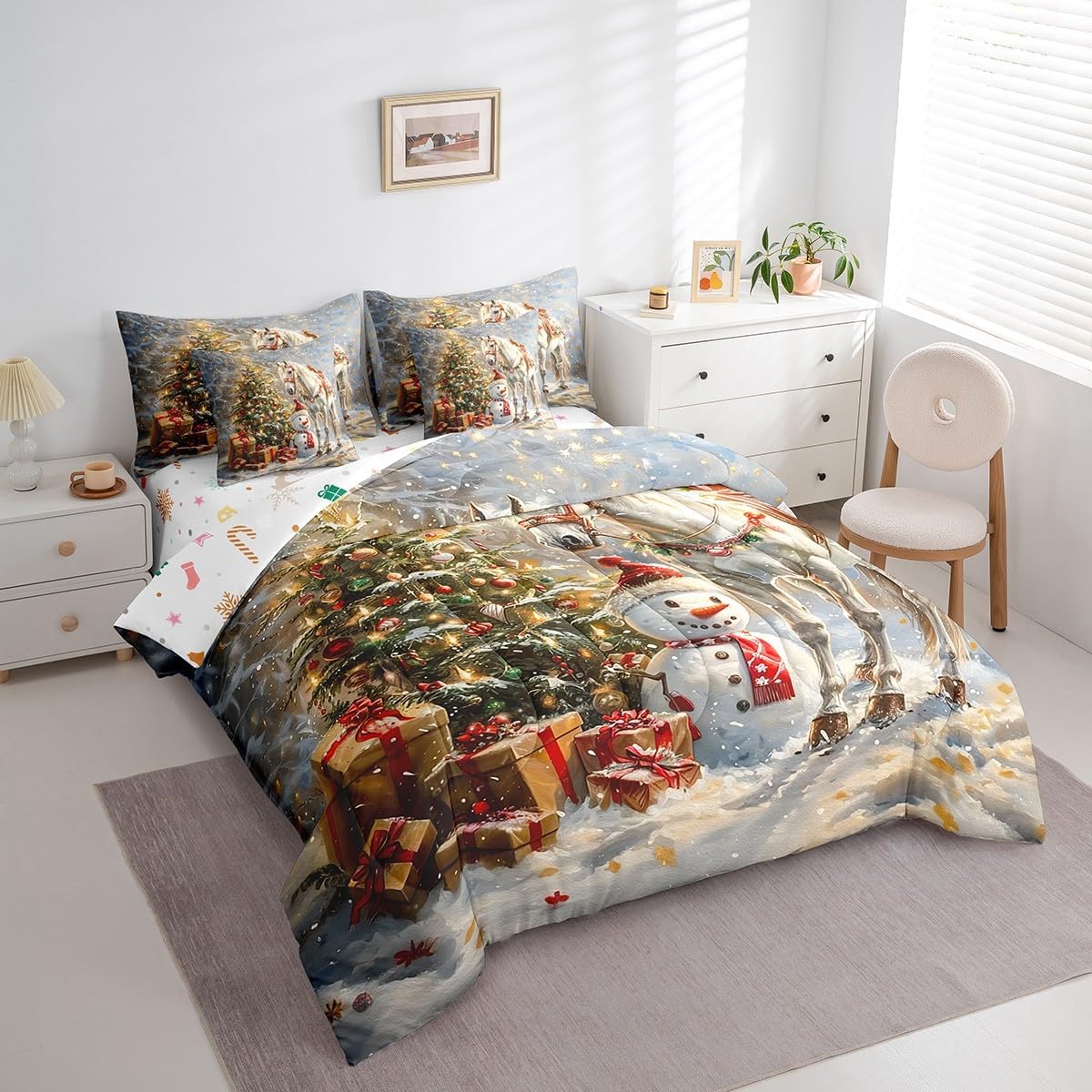 Feelyou Merry Christmas 7 Pieces Comforter Sets White Horse Bedding Set for All Season Full Size Merry Christmas Tree and Snowman Bed in a Bag with Comforter, Sheets, Pillowcases & Cushion Cover