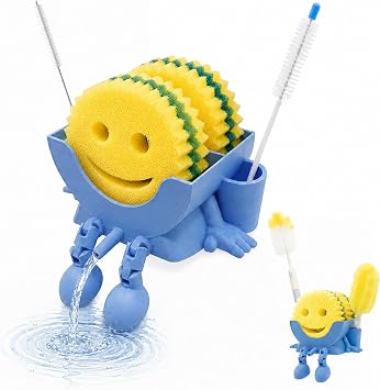 Cute Sponge Holder for Scrub Daddy Improved Drain Holes, 3D Printed funny Design Sponge Holder,Capacity upgrade double layer ,with Traceless Adhesive Backing Ideal for Kitchen Sink Decor Blue
