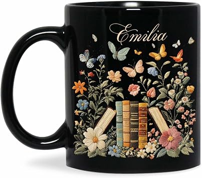Custom Name Book And Butterfly Black Mug 11oz 15oz, Embroidered Floral Coffee Cup, Customized Black Cup For Bookworms, Personalized Book Lovers Coffee Mug