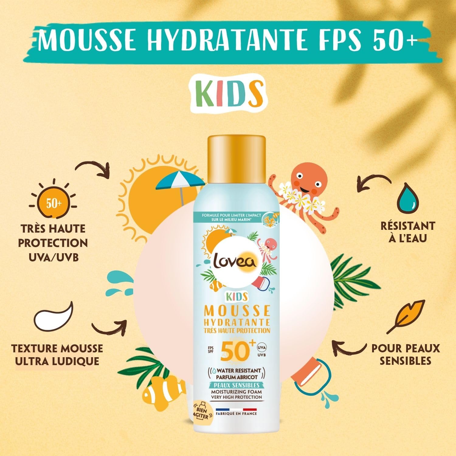 LOVEA - Mousse Hydratante Kids FPS 50+ - Très Haute Protection Solaire Visage & Corps - Parfum Abricot - Protection UVA/UVB - Peaux Sensibles - Résistant À L'Eau - Vegan - Fabriqué En France - 150 ml
