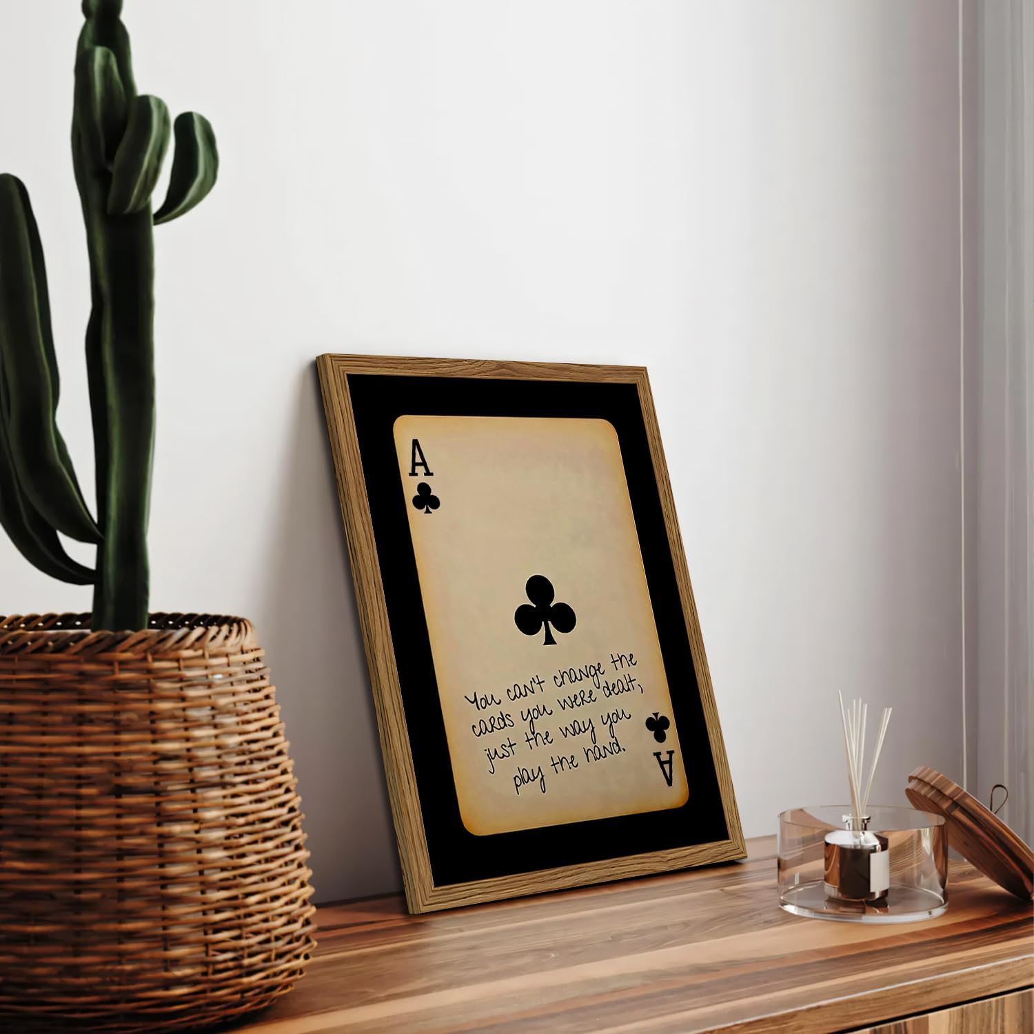 Interesting Vintage Lucky Ace Playing Cards Framed Wall Art, Fun Modern Preppy College Card Decor, Trendy Minimalist Black Aesthetic Art Print for Home Office Bedroom Living Room, 16 x 12 in