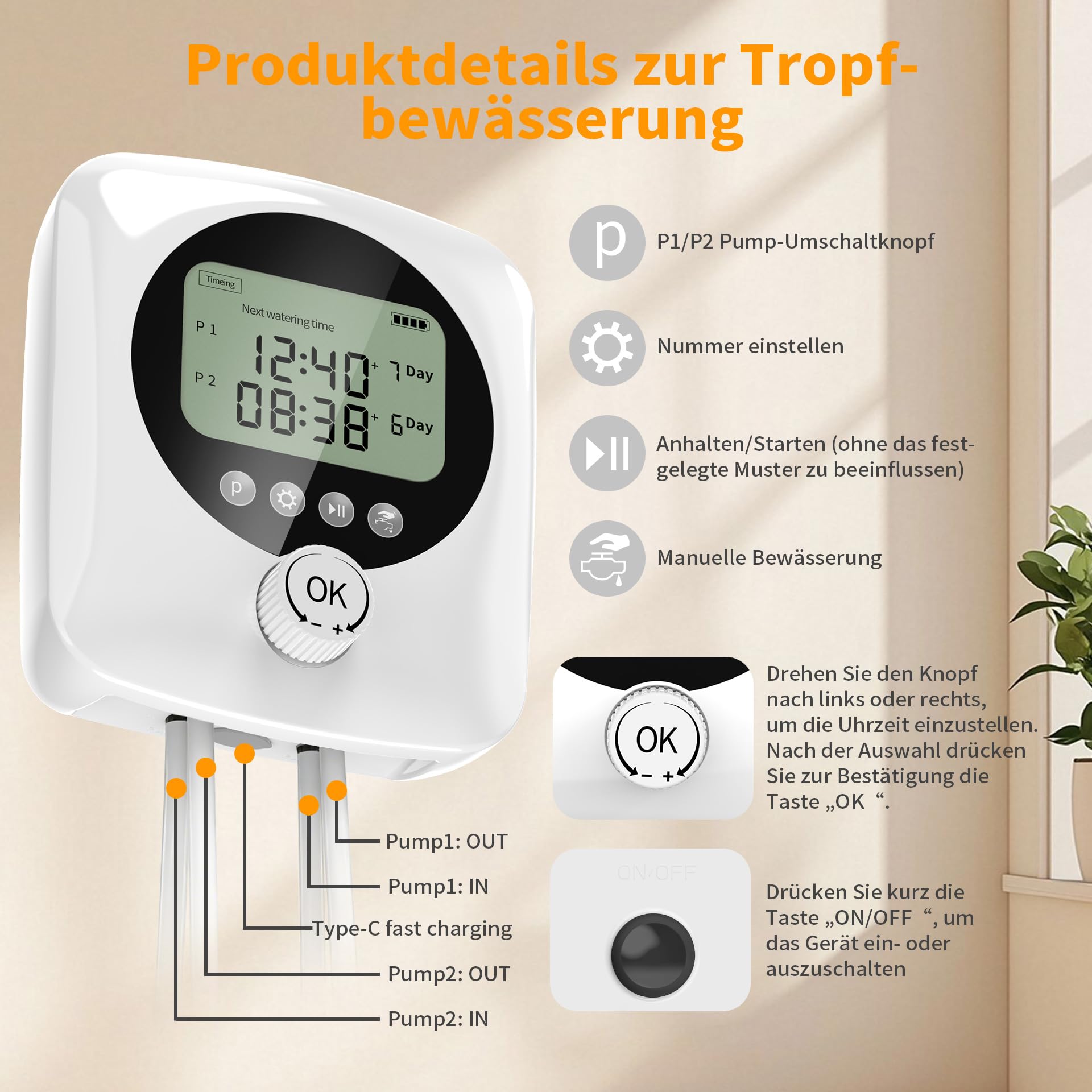 Automatische Bewässerung Pflanzen BewässerungssystemTropfbewässerung Indoor Garten Bewässerung mit Doppelte Pumpe Unabhängige Kontrolle, DIY Tropfbewässerungsset mit Einstellbar für Balkon