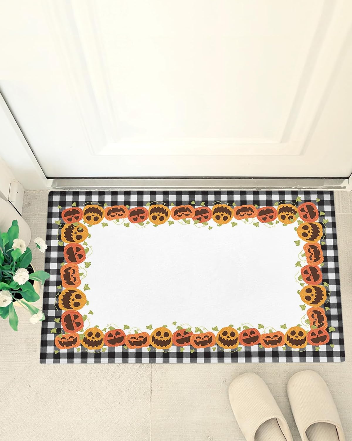 Halloween Pumpkins Plush Shag Bath Rugs Ghost Face Cartoon Theme Soft Fluffy Floor Doormat Carpet,Non-Slip Door Mats for Living Room Bedroom Kitchen Entryway Black White Check