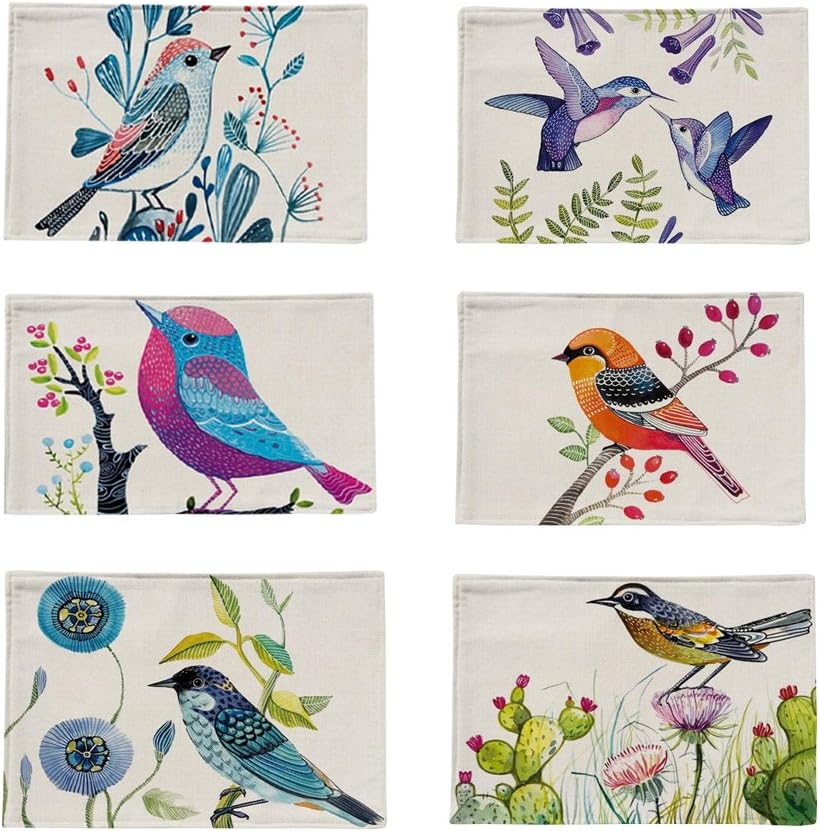 Bettli 6 Pieces Cotton Linen Placemats Bird Pattern Dining Table Mats. (Bird Cotton)
