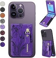 Vista 6 de Lacass Tarjetero con cremallera y función atril para teléfono en la cartera para la parte posterior del teléfono, adhesivo para Floral Vino Rojo