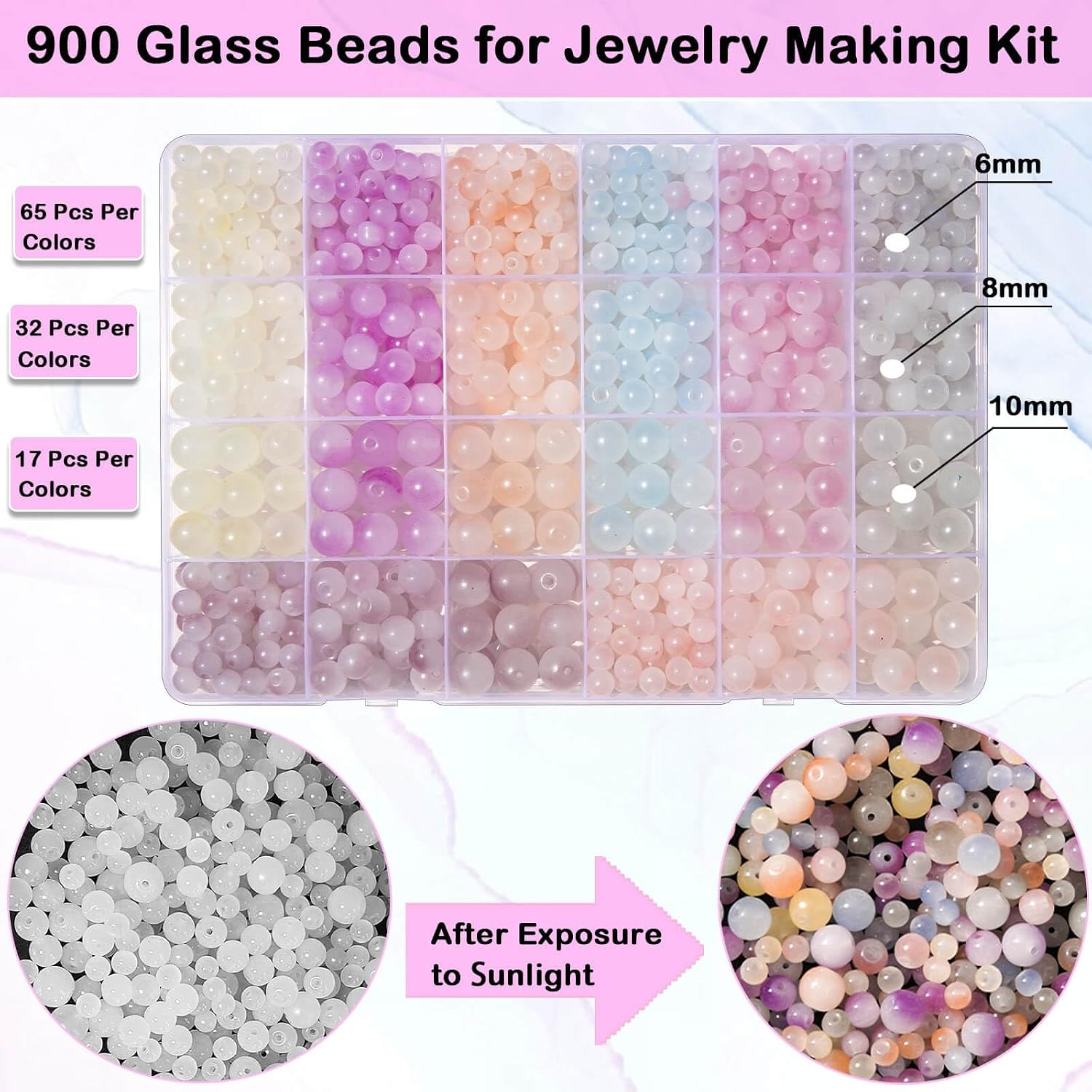 900 Pcs UV Color Changing Glass Beads Kit for Bracelet Making, 6mm 8mm 10mm Sunlight Sensitive Beads, DIY Jewelry Craft Supplies for Adult Women, Necklace Anklet Crafting Kit Gift Idea (Light Color)