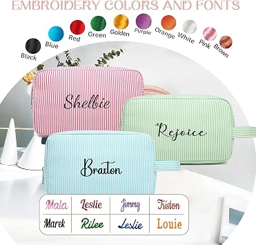 Ulico Personalized Seersucker Makeup Bag Embroidered Name, Custom Cosmetic Bag, Monogrammed Travel Toiletry Bag for Kids Women Girls