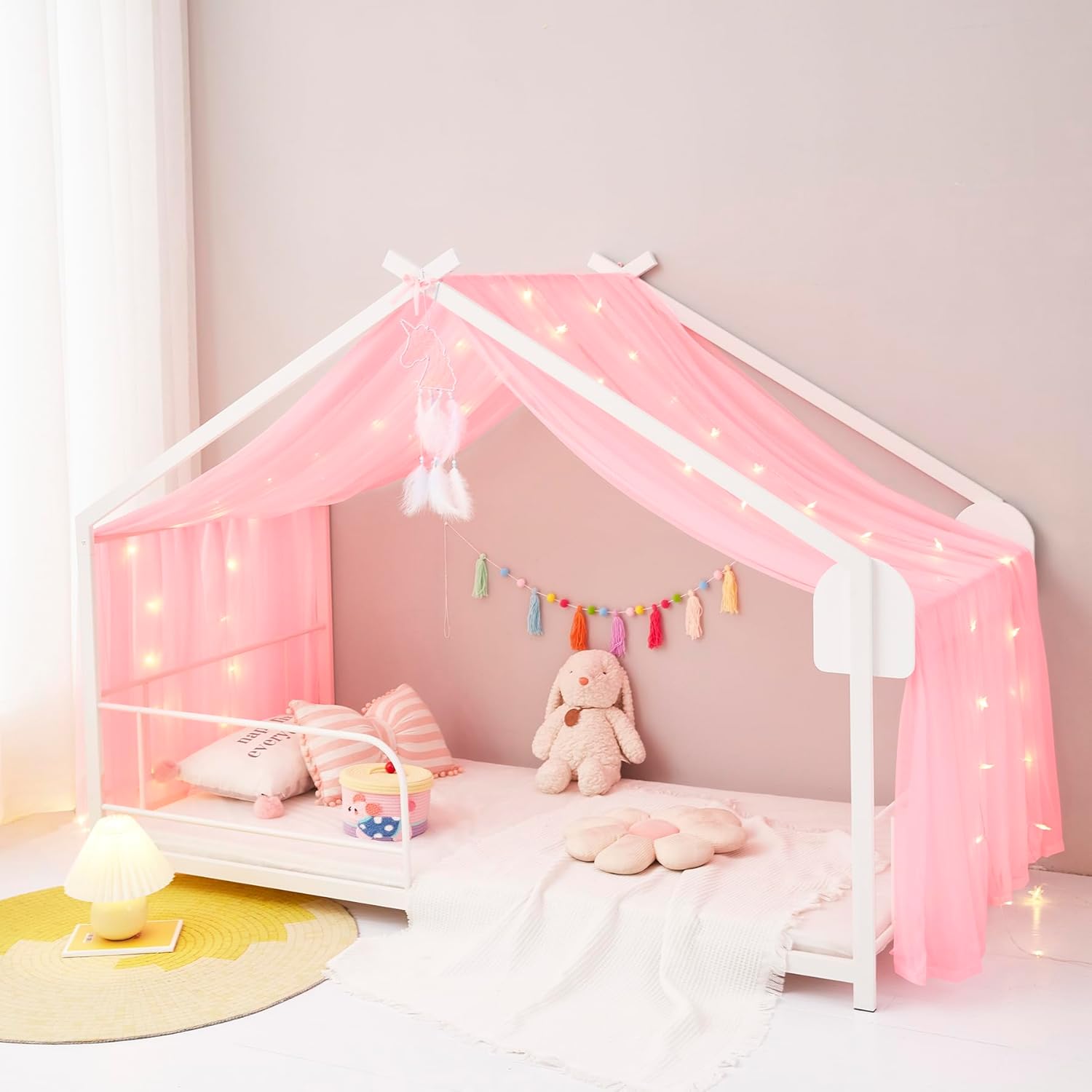 Mengersi Bed Canopy House Canopy Bed Curtains with Lights for Girls Boys,Voile Sheer Window Scarf,Fit for House Metal Floor Twin Full Bed,No Frame(Pink)