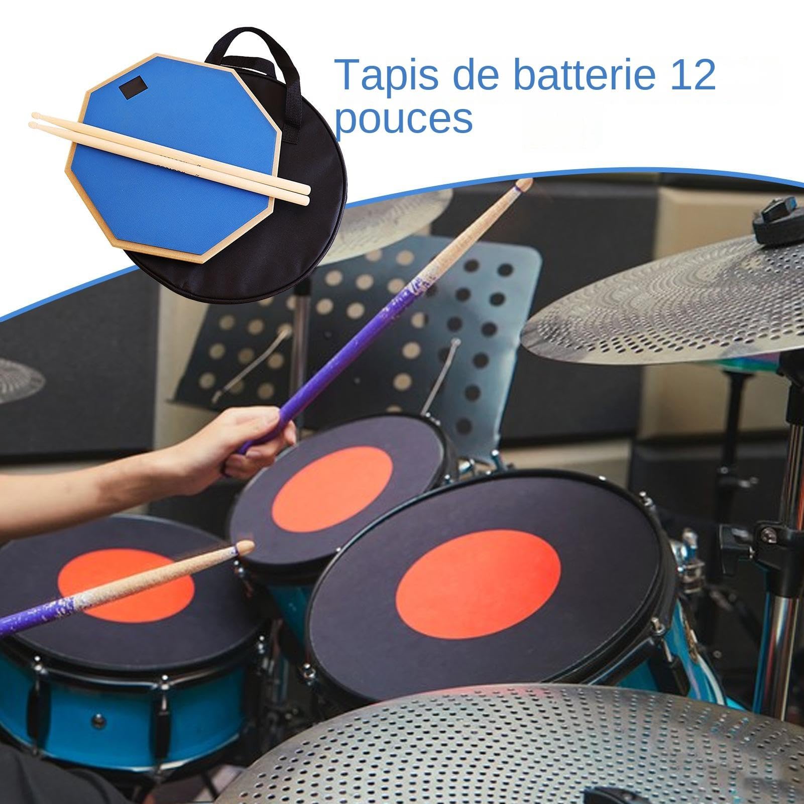 Pad y baquetas de batería, almohadilla de batería de entrenamiento | Juego de bolsas de batería portátiles, alfombrilla de batería silenciosa de 12 pulgadas con palillos - Almacenamiento ligero