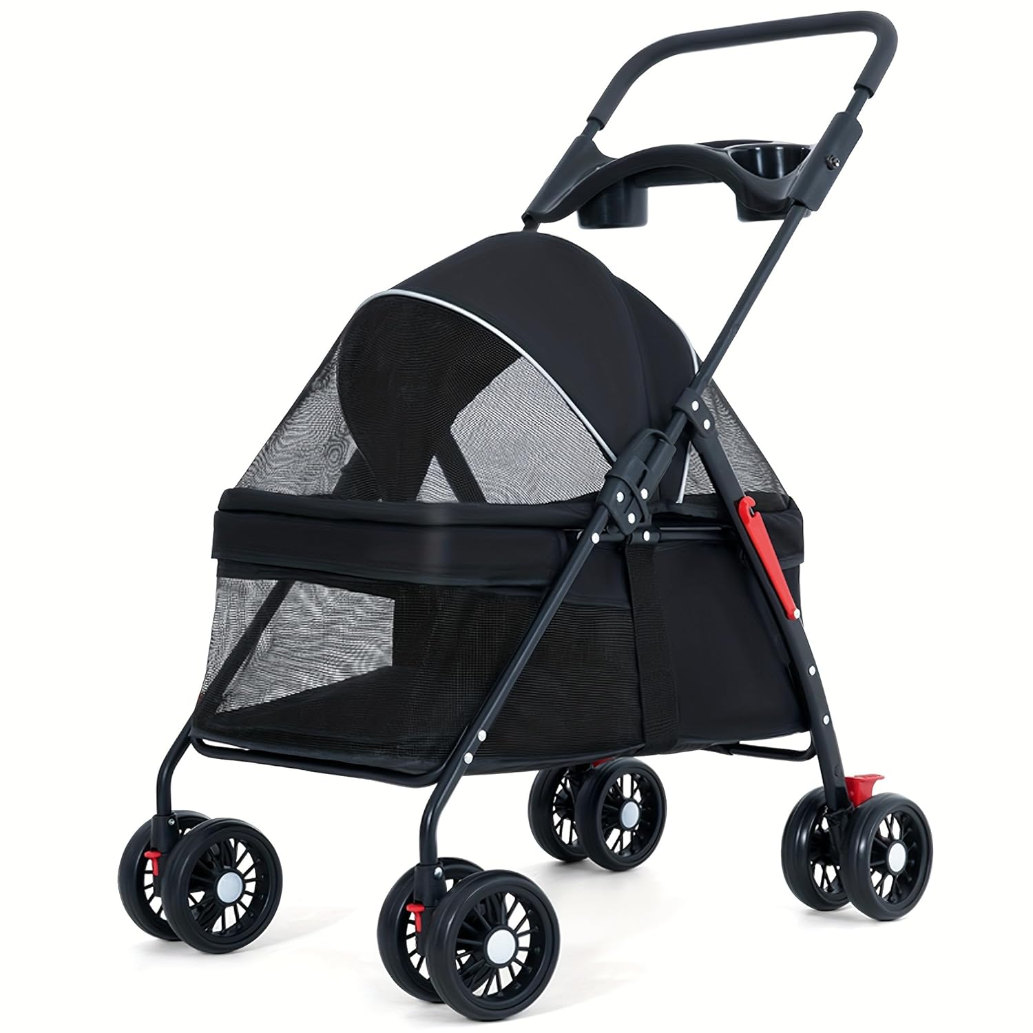 4-Wheel Foldable Pet Stroller with Spacious & Breathable Design, Spring Shock-Absorbing Wheels, Cup Holder & All-Terrain Tires - Heavy-Duty Iron Frame & Pet-Friendly Material, Adjustable Canopy