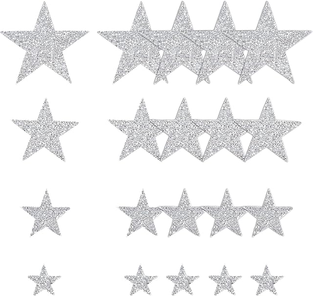 INFUNLY 20pcs 4 Size Iron on Star Rhinestone Patches Applique for Clothes Bling Star Crystal Patches Glitter Star Shape Embroidered Clothing Patches for Fabric Hat Jacket Jeans Repair Decoration
