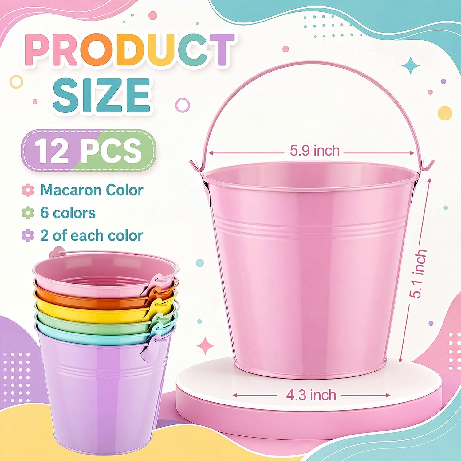 meekoo 12 Pcs Colorful Galvanized Metal Buckets with Handles, 5.9 x 4.3 x 5.1 Inch Small Metal Buckets for Party Favors, Candy, Succulent Plants, Flower Pots, Classroom Organizing Crafts, 6 Colors