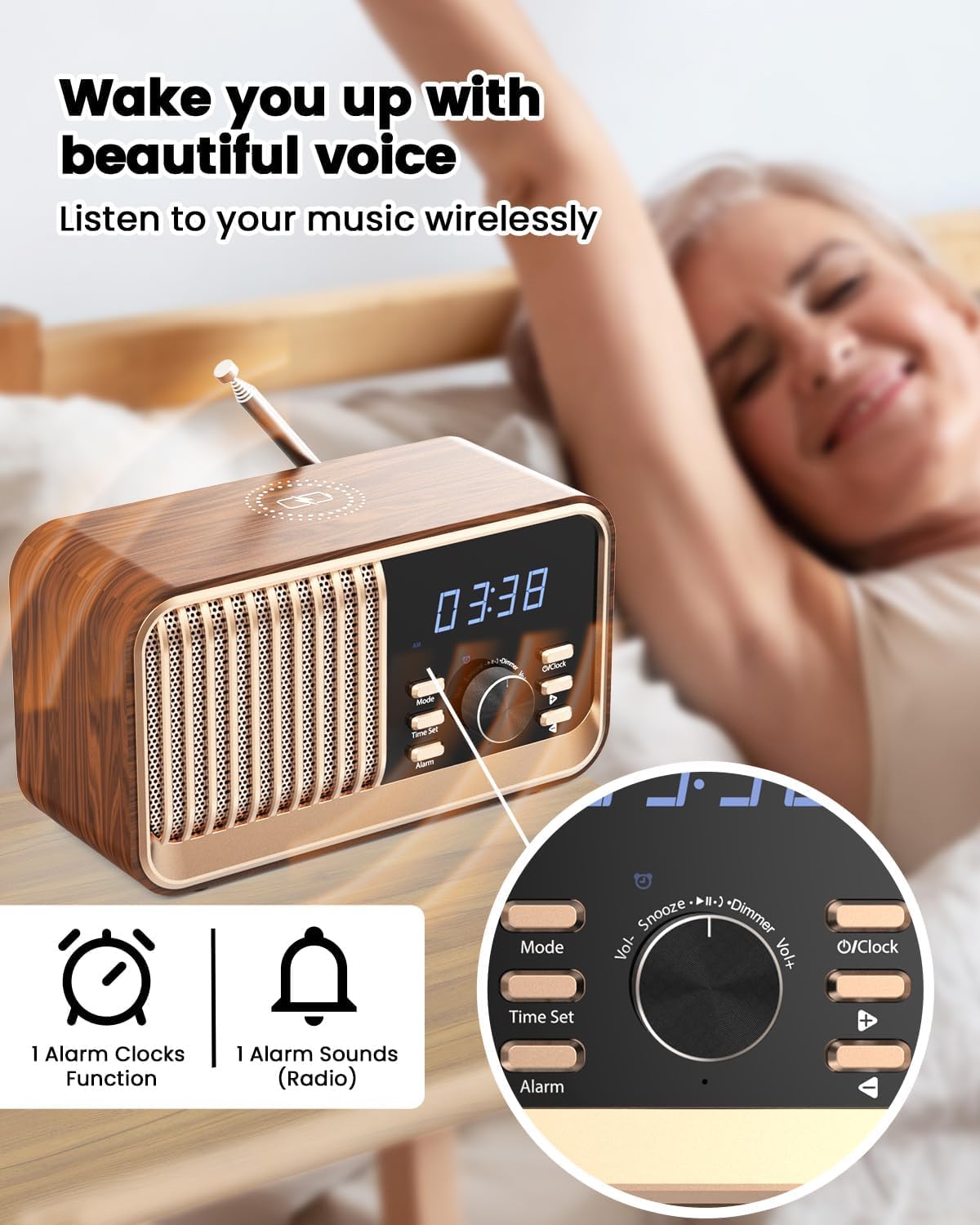 MONODEAL Radio despertador con función de carga, radio FM con altavoz Bluetooth (8 W), función de repetición, puerto USB, ranura para tarjeta TF, función de atenuación para el dormitorio