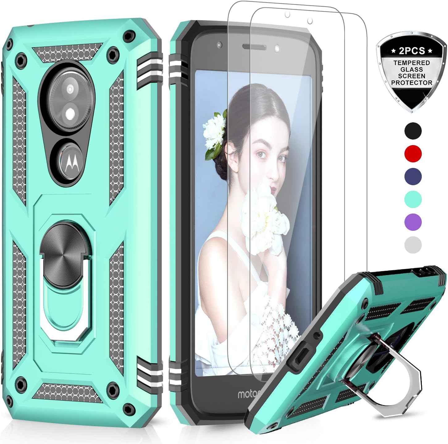 Moto E5 Play Case, Moto E5 Cruise Case (Not Fit Moto E5) with Tempered Glass Screen Protector [2 Pack], LeYi [Military Grade] Phone Case with Magnetic Car Mount Holder Kickstand for Moto E5 Play, Mint