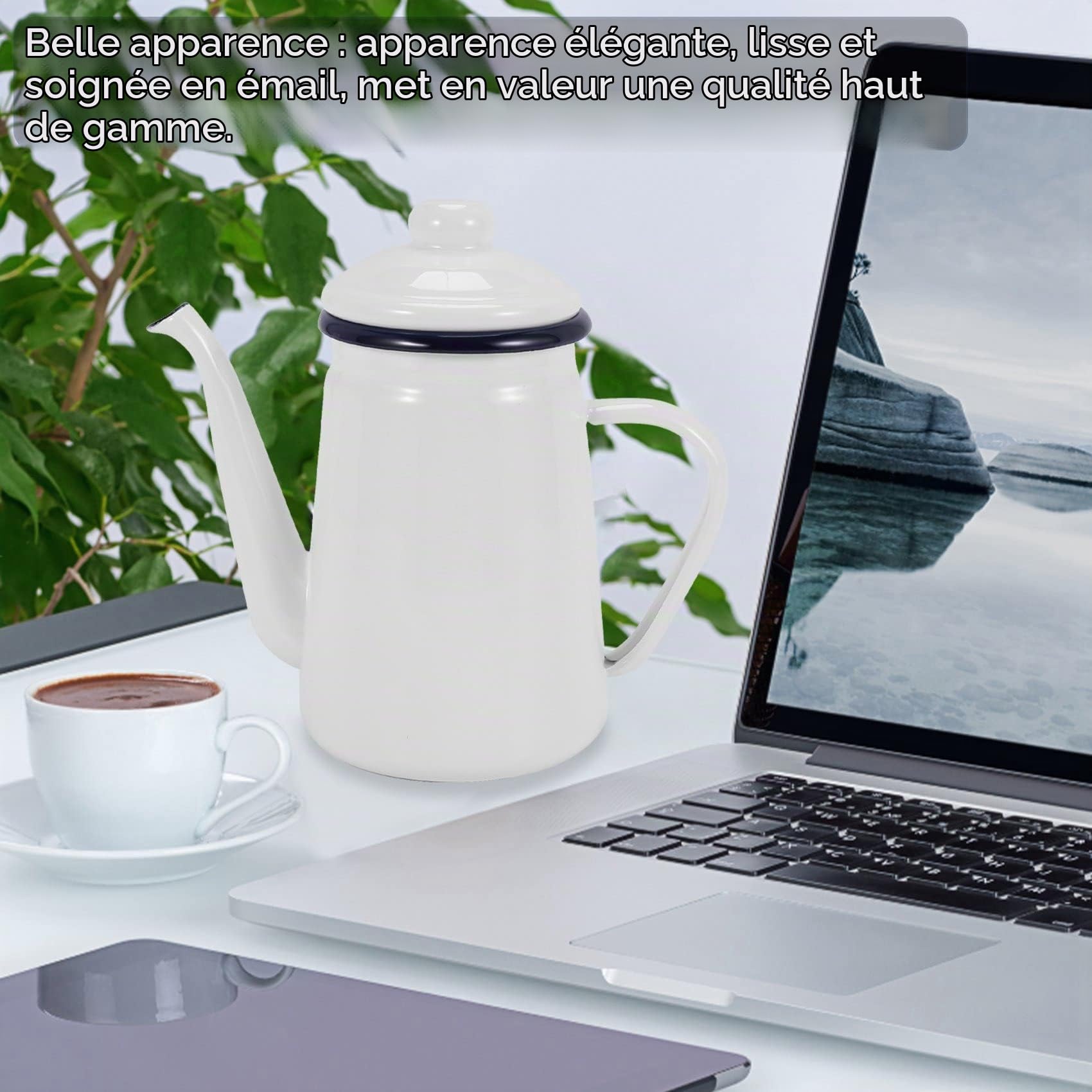 Pot à Café en éMail de Qualité SupéRieure de 1,1L à Verser sur Le Pot à Eau en Poudre de Lait ThéIèRe pour CuisinièRe à Gaz et CuisinièRe à Induction, Blanc
