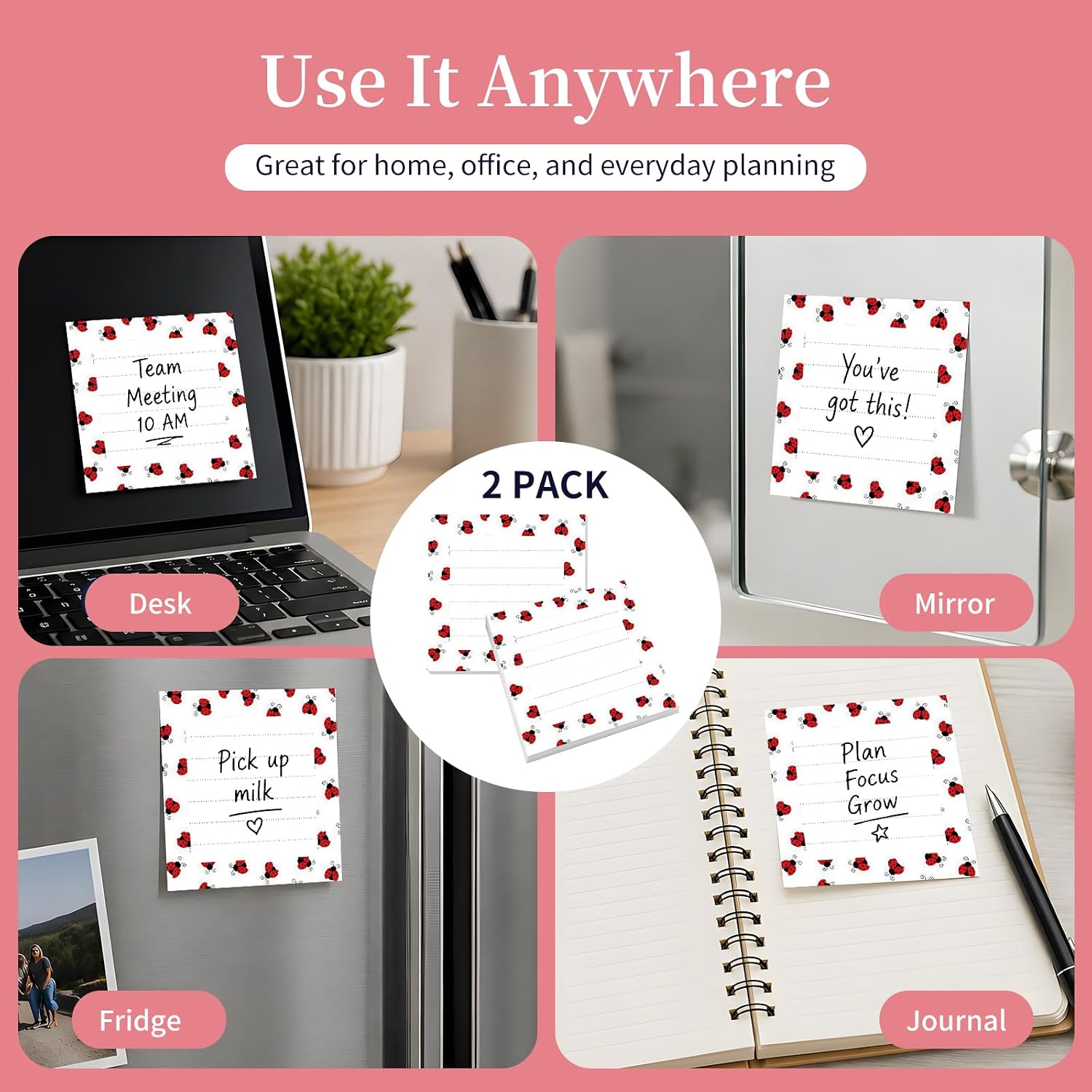 Sticky Notes 3x3, Bright Cute 2 Pack Self-Stick Note Pads, Strong Adhesive Memo Pad, Easy to Post for Home, Office Ladybug Pattern Print image 4