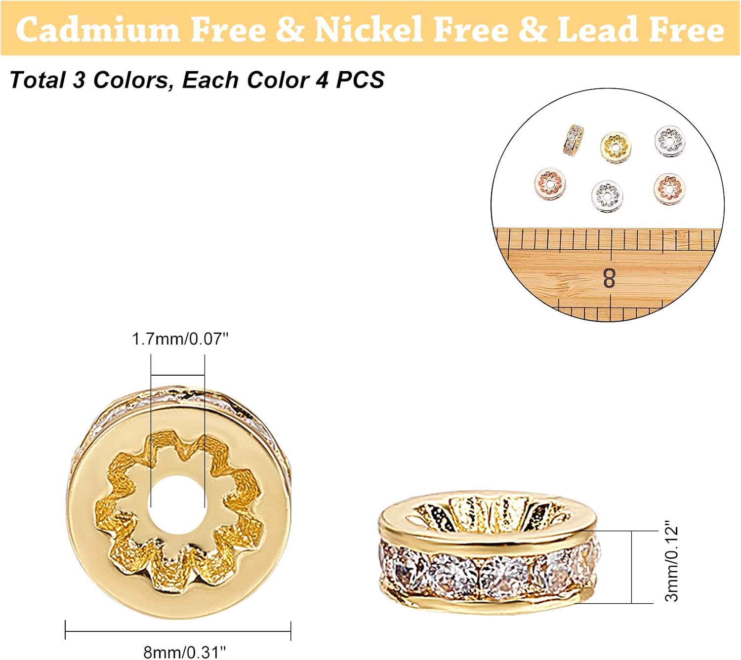 NBEADS 12 Pcs 3 Colors Brass Cubic Zirconia Spacer Beads Flat Round Micro Pave CZ Beads Rondelle Rhinestone Beads for Jewelry Making - Image 3