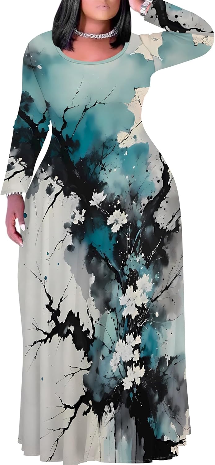 PinkPatty Plus Size Maxi Dress for Curvy Women Crew Neck Long Sleeves Casual Dress Vacation Sundresses with Pockets