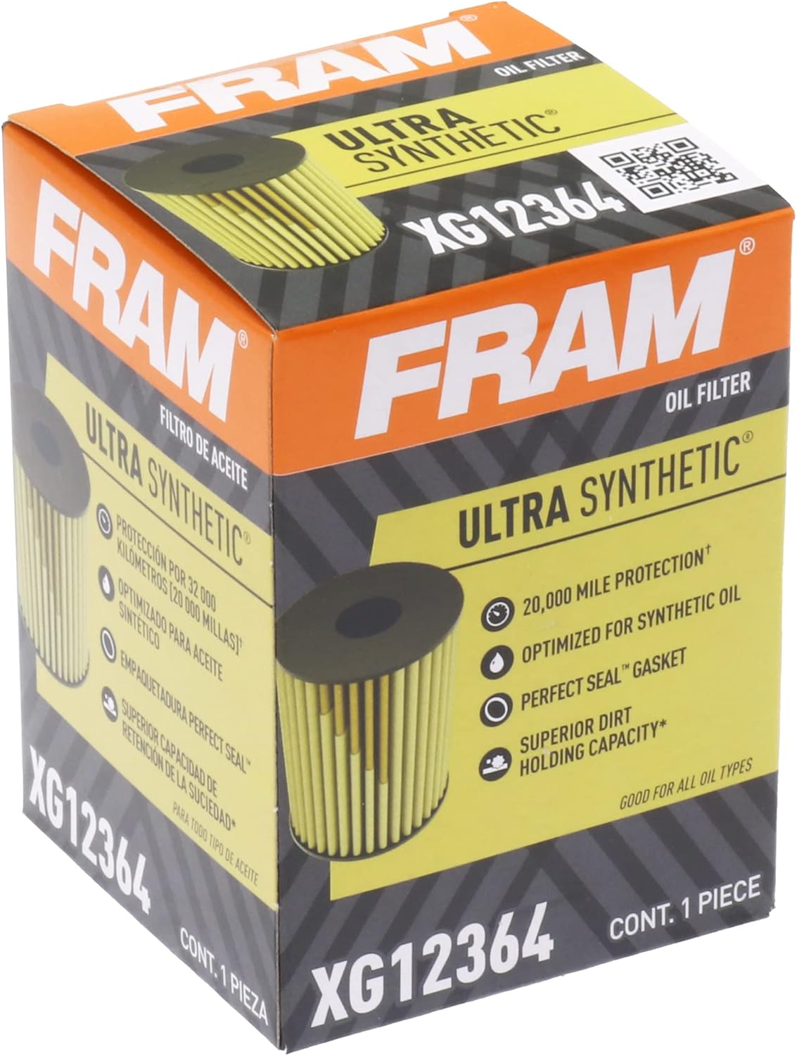 FRAM Ultra Synthetic Automotive Replacement Oil Filter, Designed for Synthetic Oil Changes Lasting up to 20k Miles, XG12364 with SureGrip (Pack of 1)