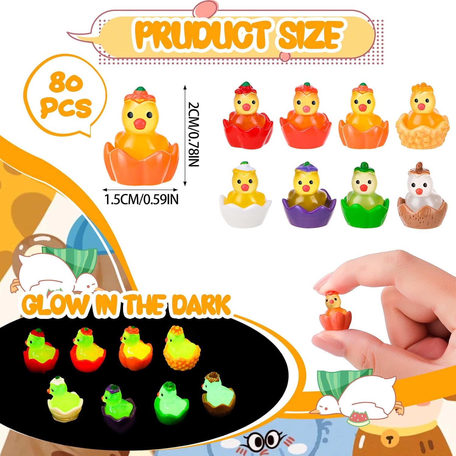80 Pcs Easter Mini Resin Ducks Mini Luminous Ducks with Eggs Miniature Animal Figurines for DIY Cake Decoration Ornaments Crafts Moss Landscape