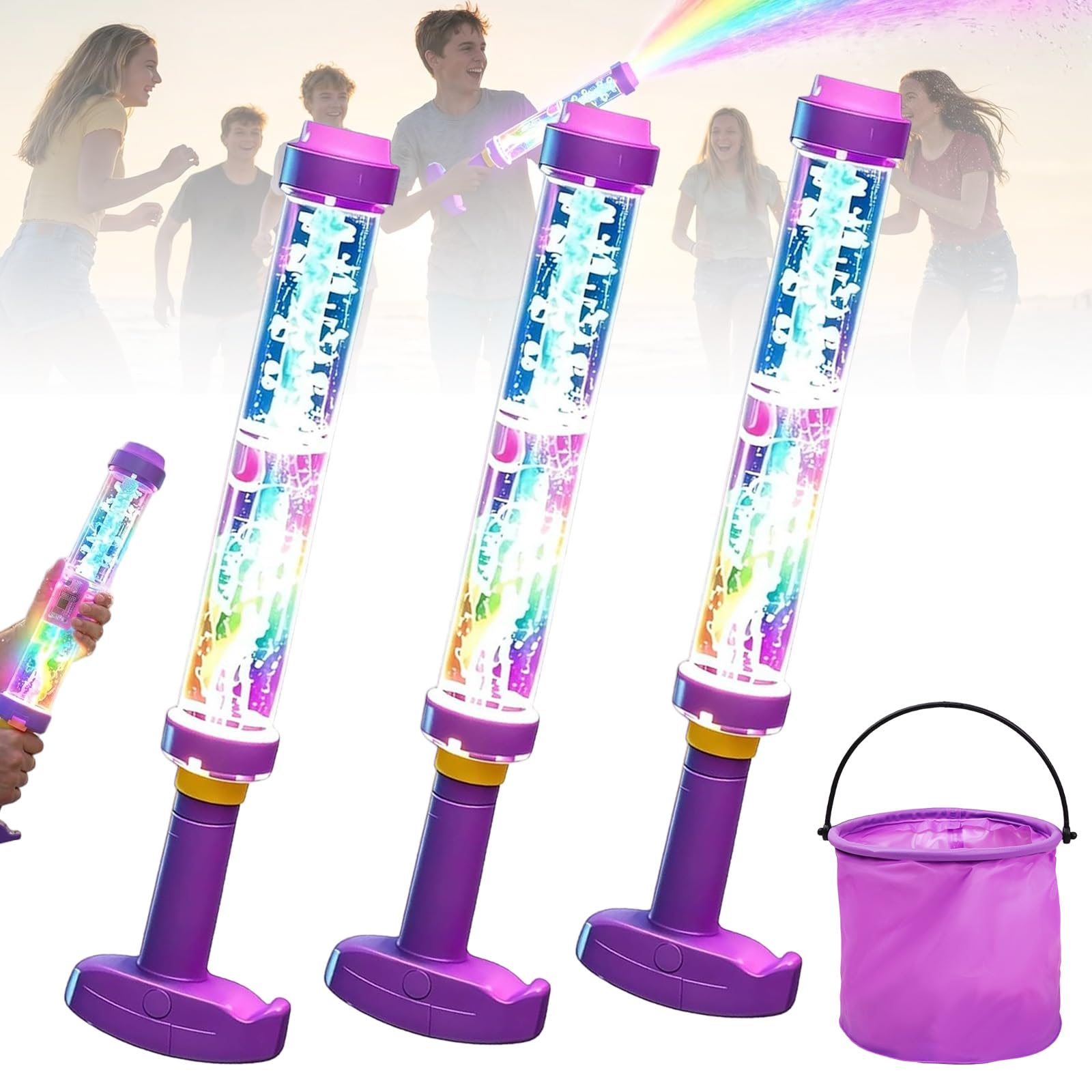 Glowing Rainbow LED Water Blaster, Light Up Fireworks Squirt Gun with Lights, High Pressure Water Soaker Toys for Summer Pool Party, Backyard, Beach Outdoor Games (3PCS)