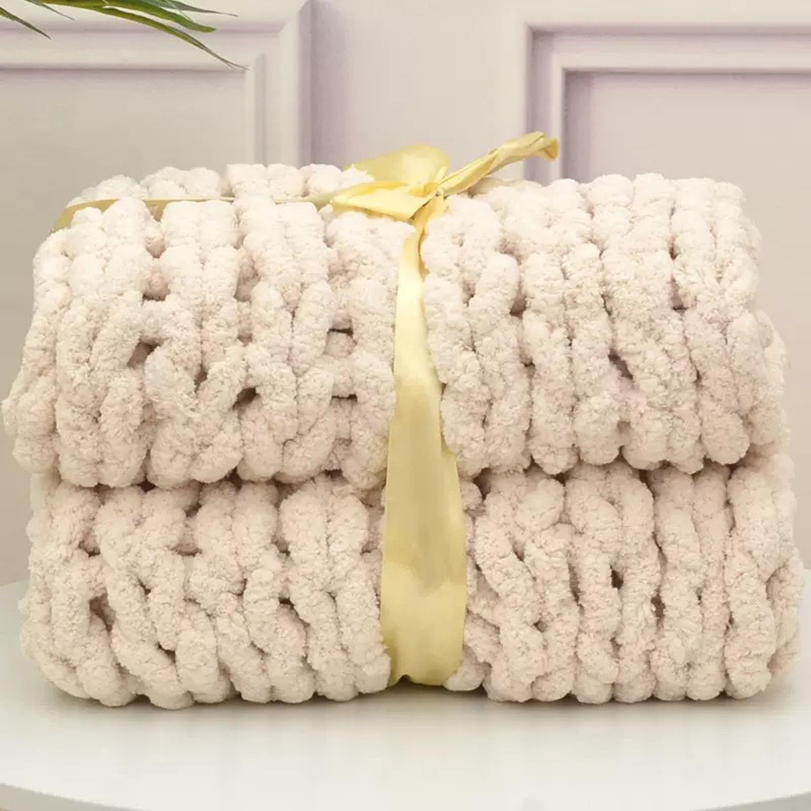 Wttfc Beige Chunky Knit Throw Blanket, Handmade Soft Chenille Yarn Throw Blanket, Thick Cable Knitted Blankets, Large Rope Knot Crochet Blankets For Couch Sofa Bed Home Decor,,100X150cm