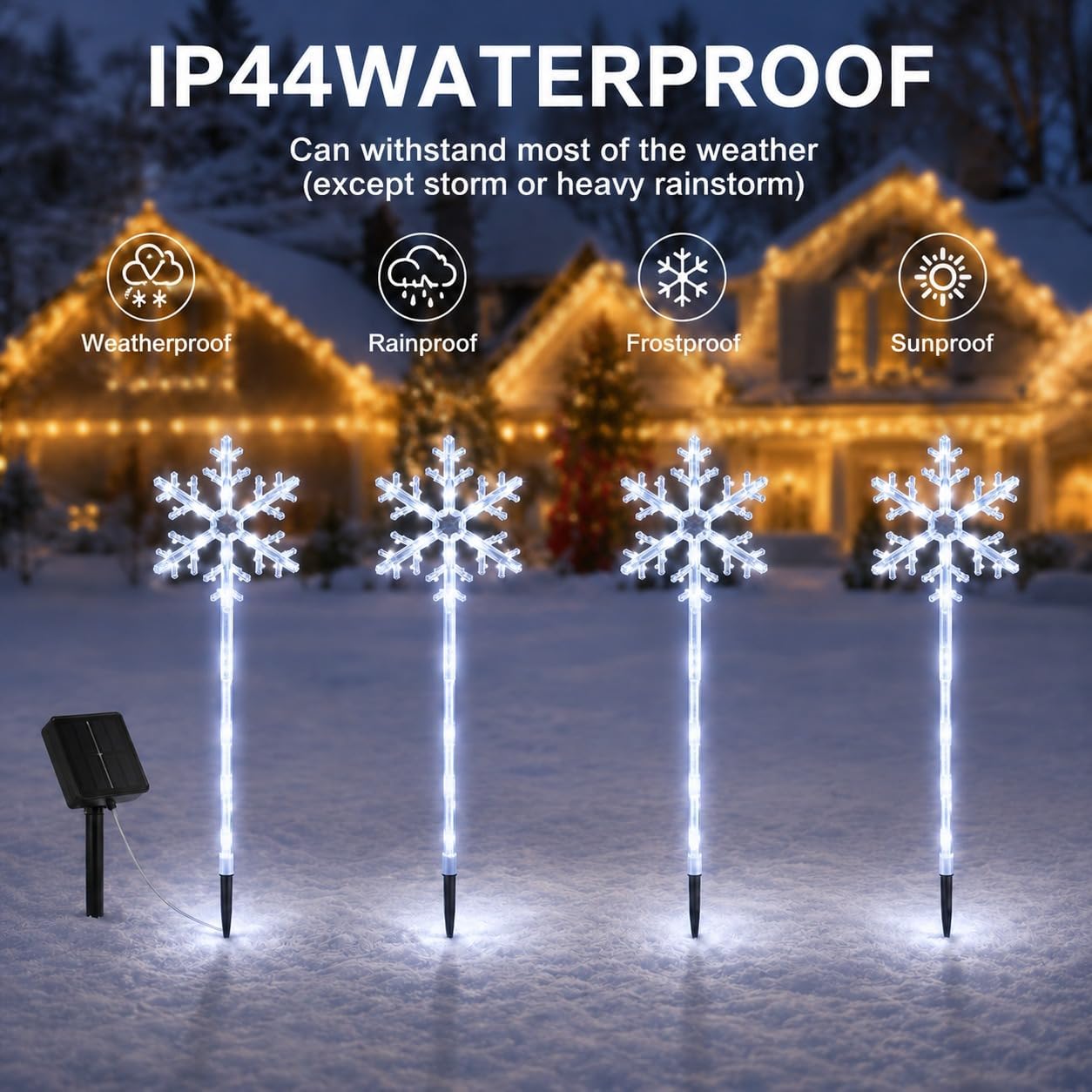 4 Pack Solar Snowflake Pathway Lights, White Christmas Yard Decor | White LEDs, Auto-On at Dusk, IP44 Weather-Resistant, Ground-Stake Setup, Outdoor Holiday Display