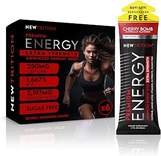 NewTrition® Extra Strength Energy Shots 1.7 fl oz (Pack of 6, Cherry Bomb flavor) - 250mg Caffeine with Vitamin B & Amino Acids, Sugar-Free, Zero Calorie Vitamin Energy Drink for Focus & Endurance