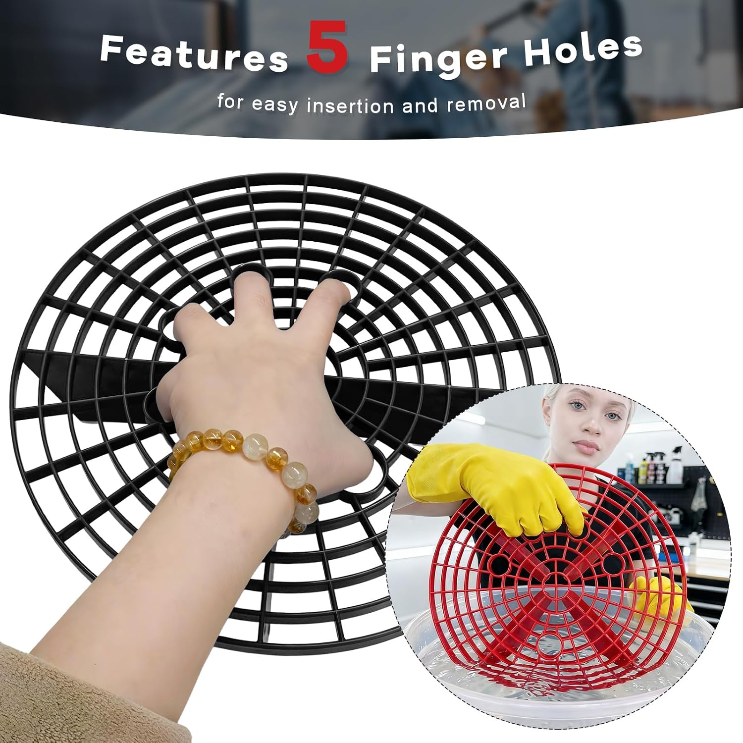 2PCS Car Wash Bucket Insert, Auto Washing Dirt Guard Insert Detailing Cleaning Tool Removes Dirt Debris, Wash Bucket Grit Trap Filter Fits 12 Inch Diameter or 3-5 Gallon Buckets (Red+Black)