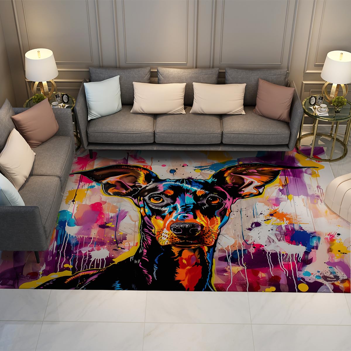 Tapis de chevet 120x180cm splash art chien coloré pour chambre et bureau moderne