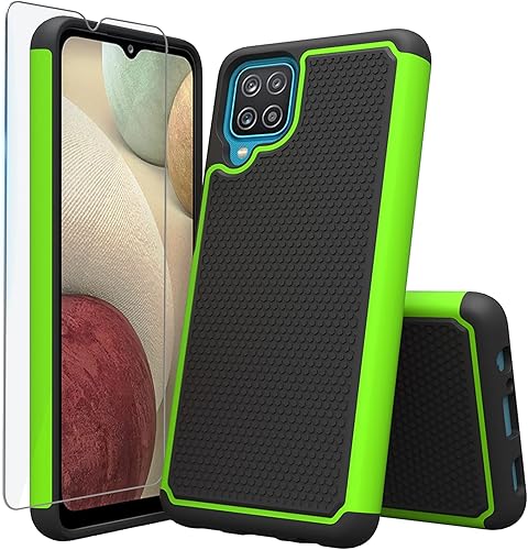 Huness Funda para Samsung Galaxy A12 + protector de pantalla de vidrio templado, armadura duradera y funda resistente contra impactos (verde)