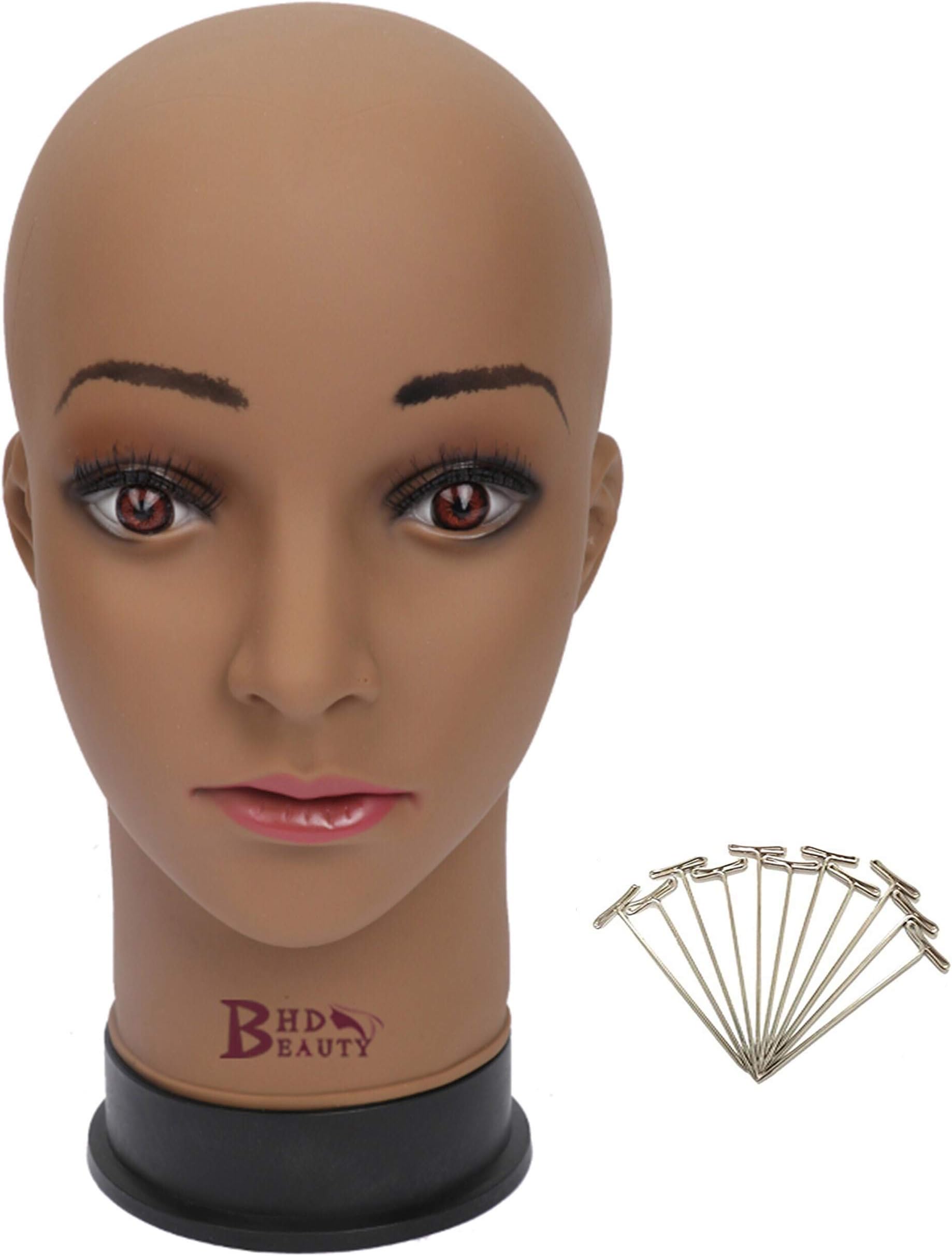 BHD BEAUTYBald Mannequin Head Brown Female Professional Cosmetology for Wig Making, Display wigs, eyeglasses, hairs with T pins