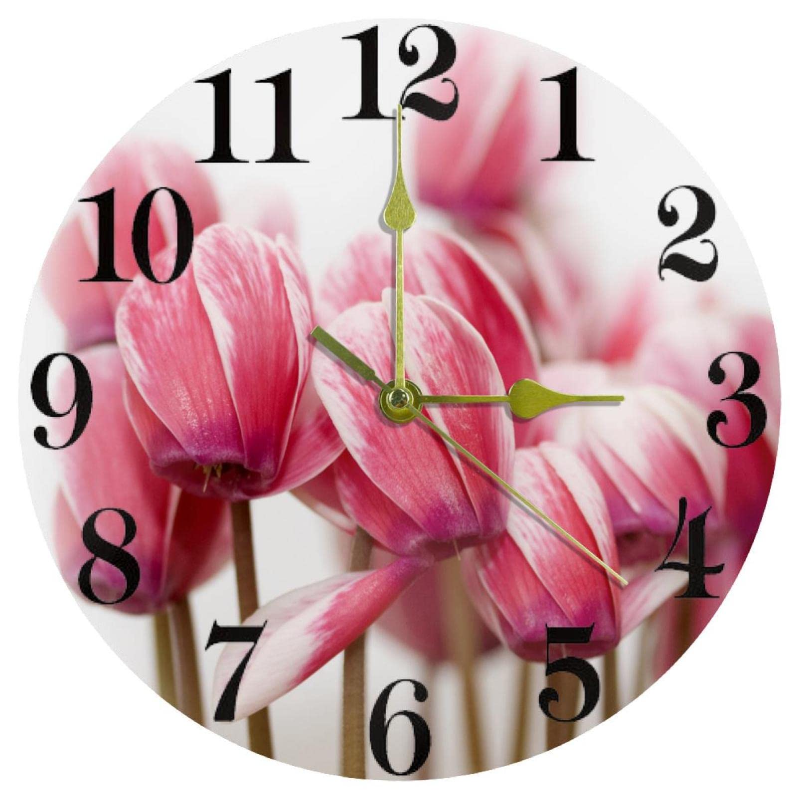 Horloge murale à quartz tulipe rose de 25,4 cm silencieuse pour la cuisine et la maison