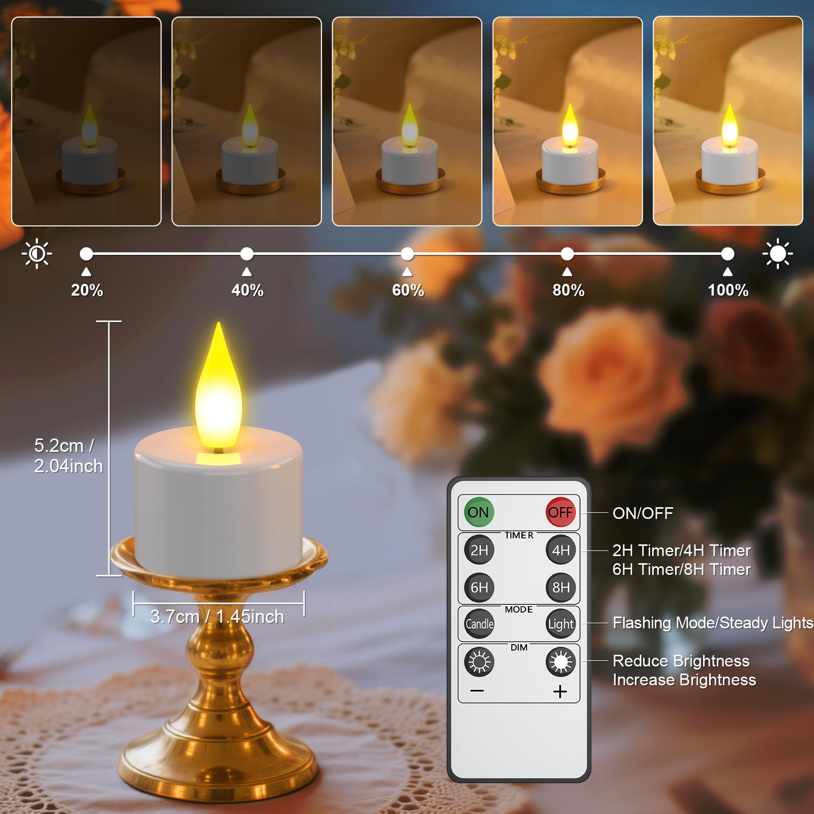 Ymenow Velas de té LED recargables con función de temporizador y mando a distancia, 12 unidades de velas LED recargables, con estación de carga, temporizador para fiestas, habitaciones, salones