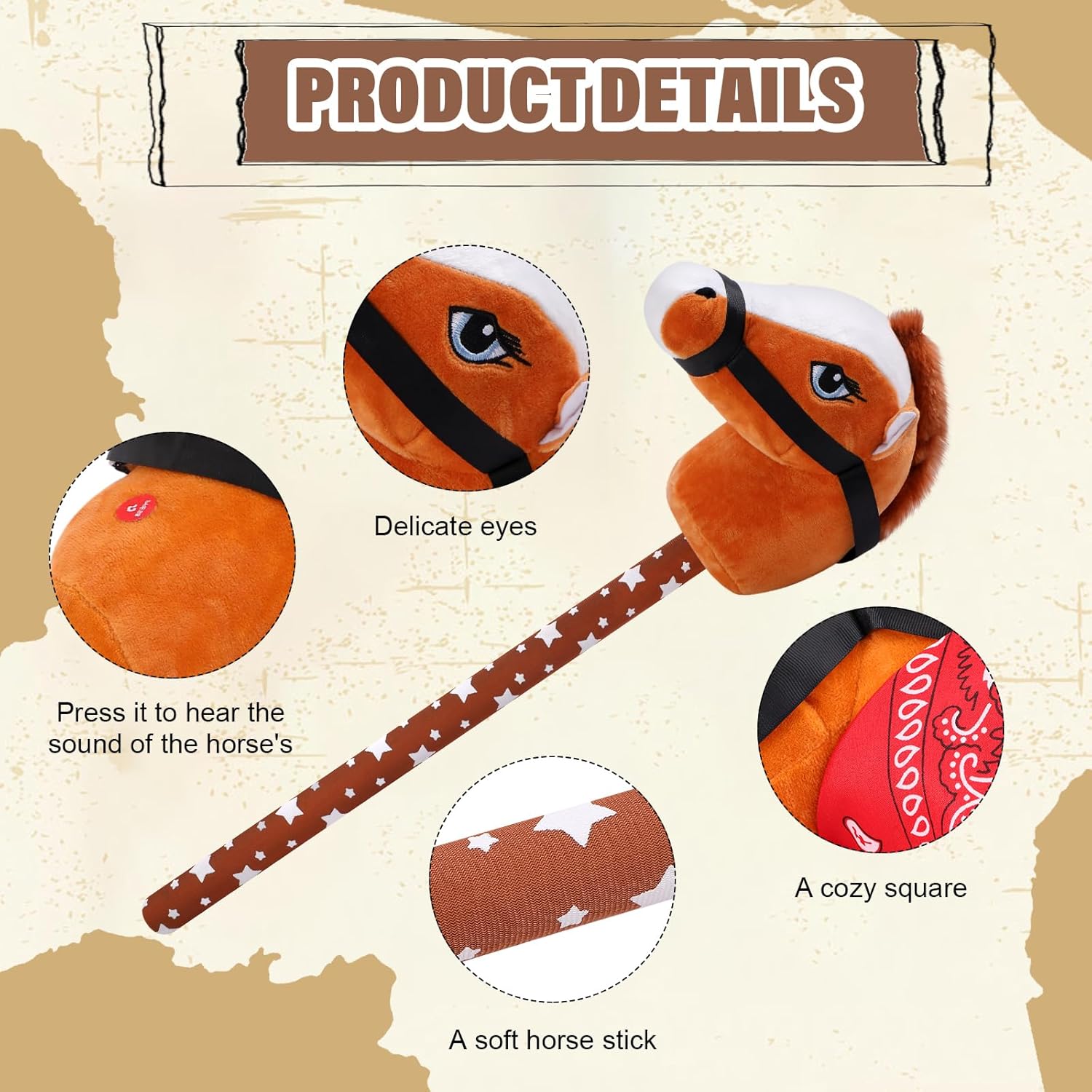 Poen 4 Pack Light Brown Horse Stick with Sound Red Bandana Set 27.6'' Toys Stick Horse Western Cowboy Bandana Head with Neighing Sound for Boys Girls Fun Pretend Games Son Daughter