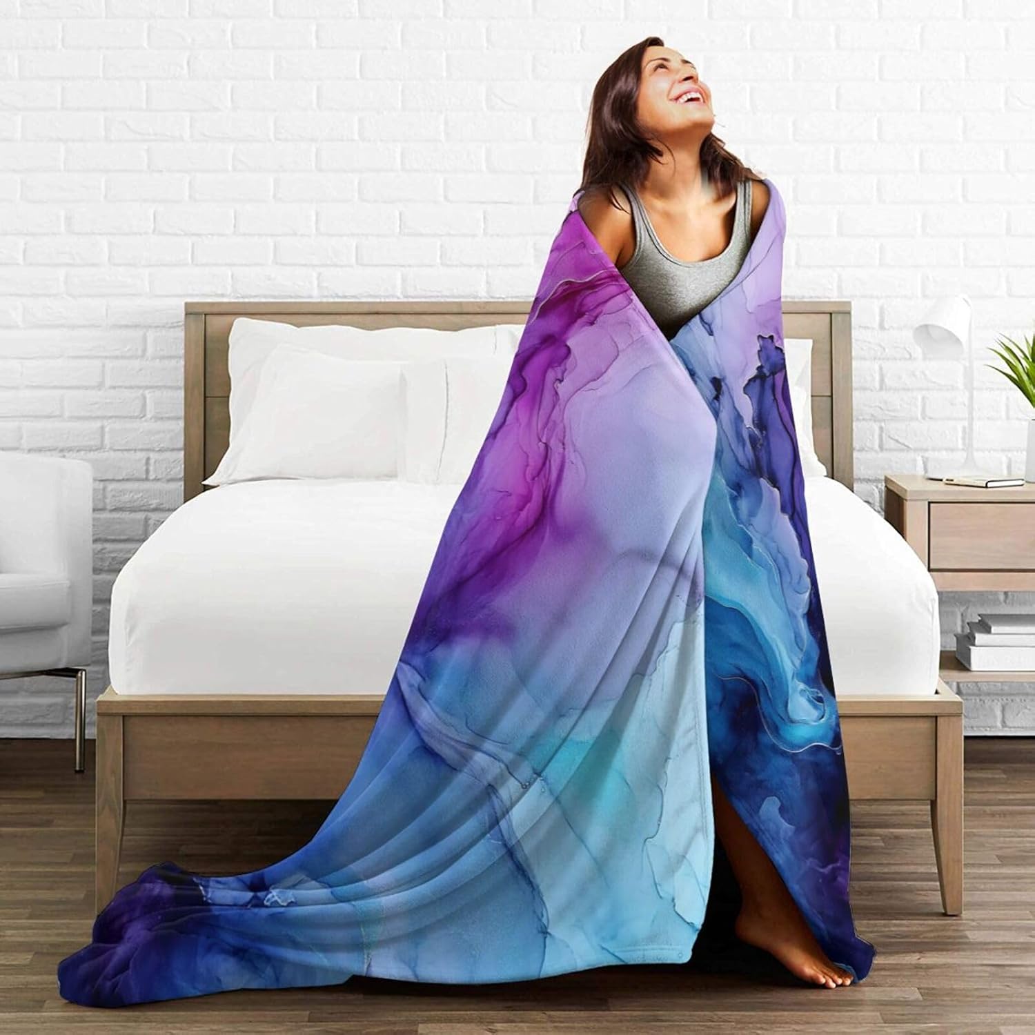 Purple Blue Background in a Watery Style Blanket Throw Bedding Room Decor Flannel Blankets for Bed Sofa 80"x60"