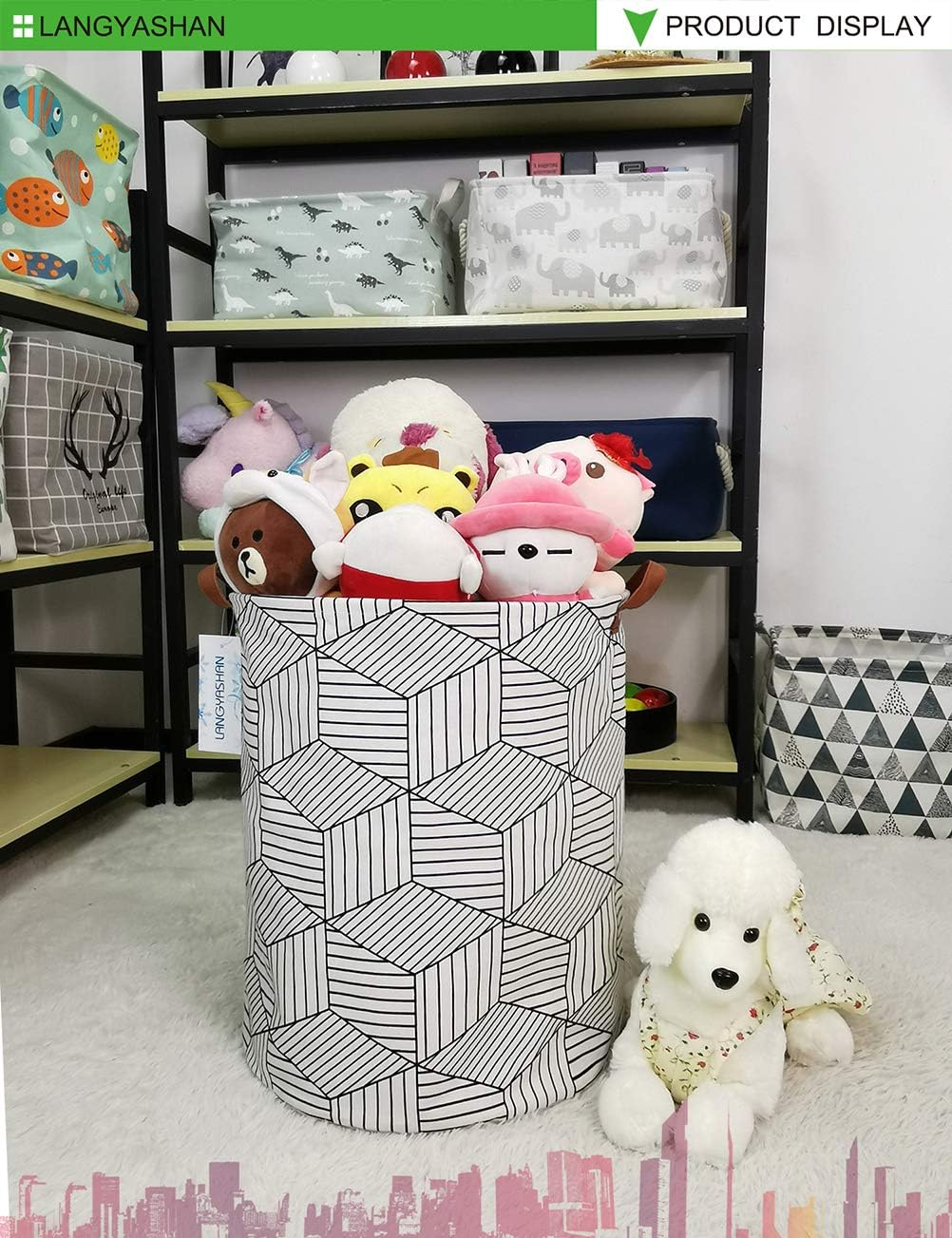 LANGYASHAN Laundry Basket Canvas Fabric Collapsible Organizer Basket for Storage Bin Toy Bins Gift Baskets Bedroom Clothes Children Nursery Hamper (White Diamond)