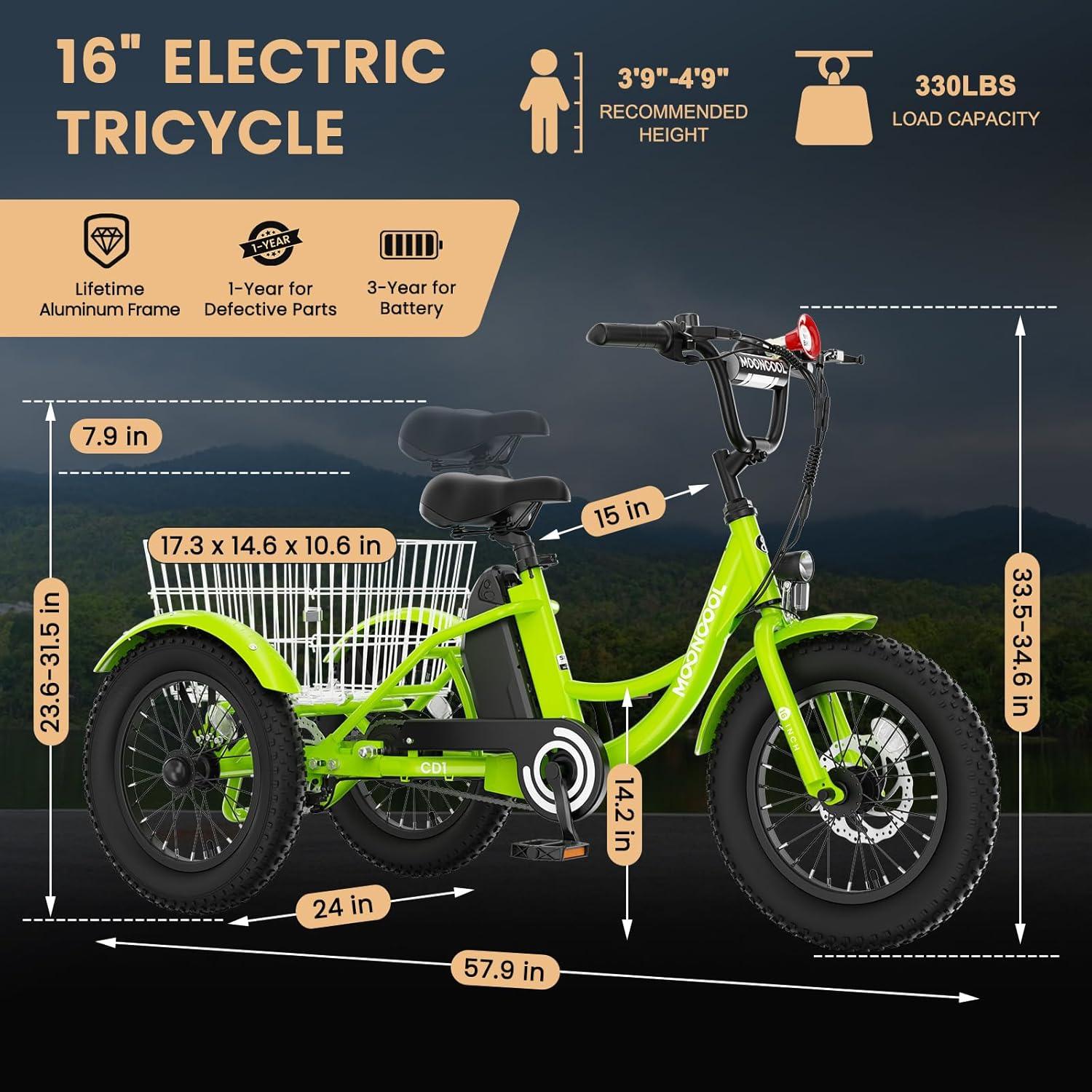 MOONCOOL 16"×3" Youth Electric Trike, 250W Fat-Tire 3-Wheel eBike for Boys & Girls, Aluminum Frame, Removable Battery/Basket, Up to 35-Mile Range