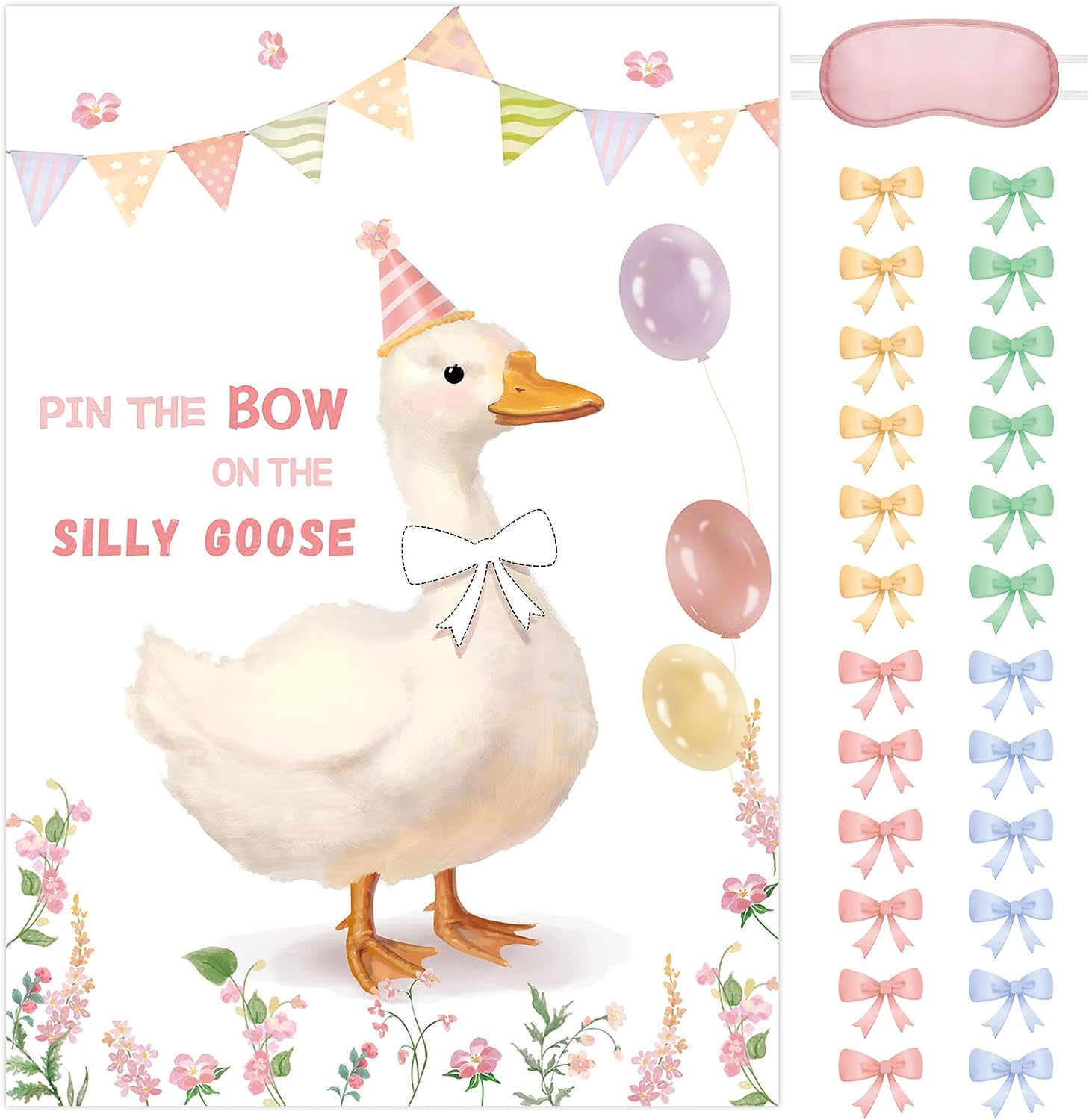 Pin the Bow Party Game for Girls, Pink Princess Poster with 24 Bow Stickers