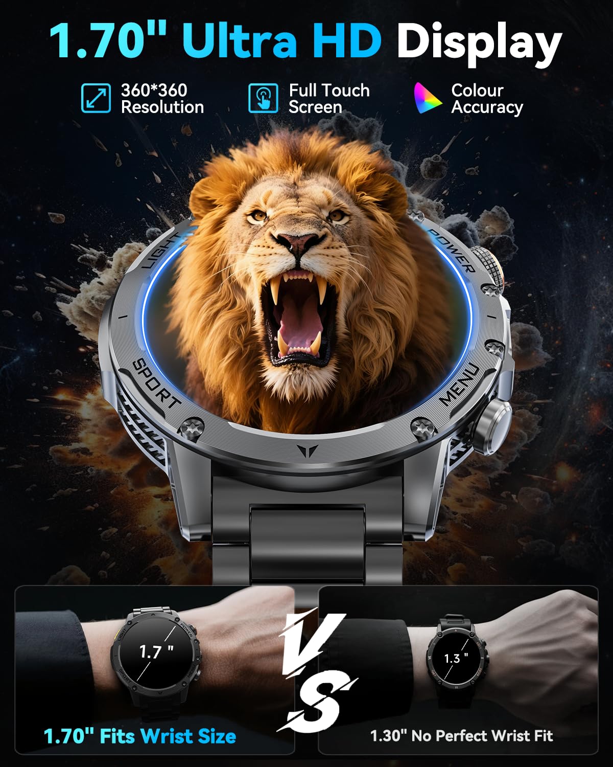 Military Smart Watches for Men, 1.7″ Smartwatch with 1000 mAh Battery/2 Straps/Led Flashlight/Heart Rate/Sleep Monitor 100+ Sport Modes, Answer/Make Calls Fitness Watch for Android/iPhone