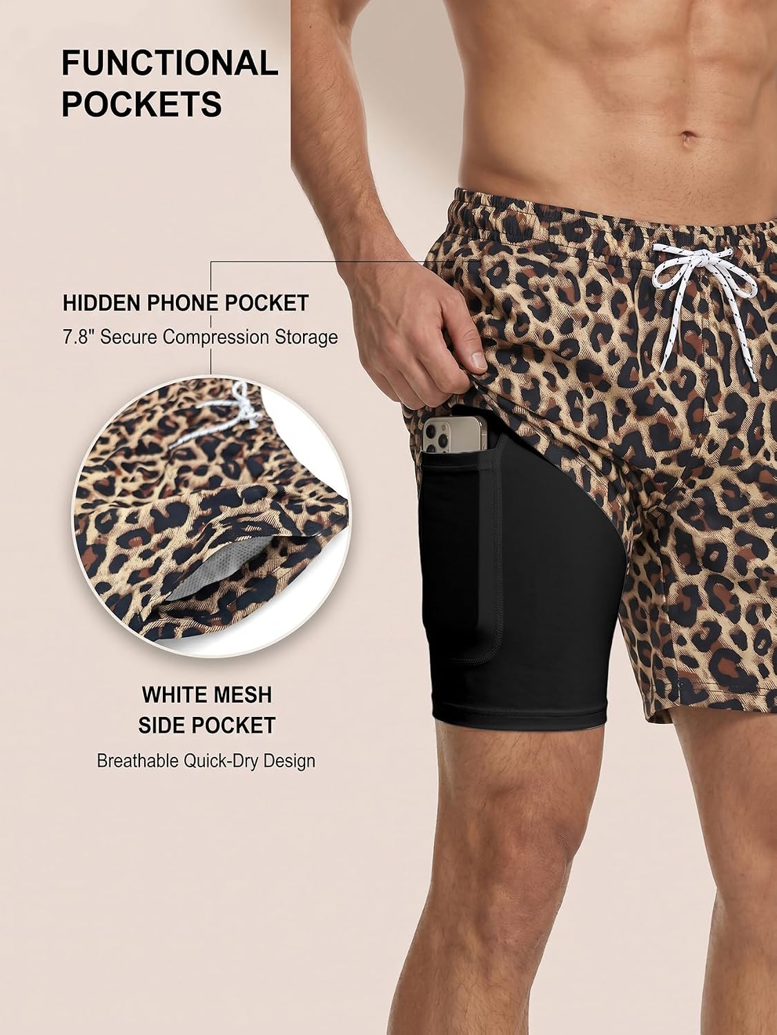 Men's 2 in 1 Hawaii Print Swim Trunks with Compression Liner 5" Bathing Suits Quick Dry Board Shorts with Pockets