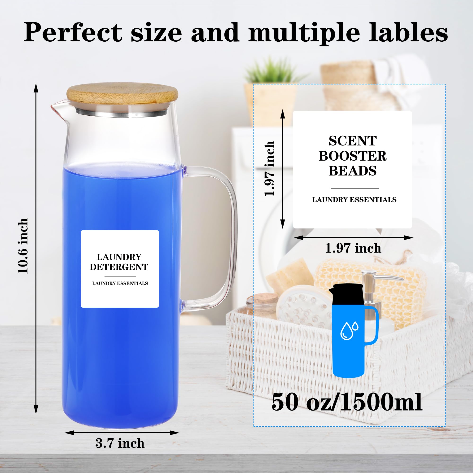 Juego de 3 dispensadores de detergente para ropa de 50 onzas con tapas y asas de bambú, recipientes para lavandería líquida