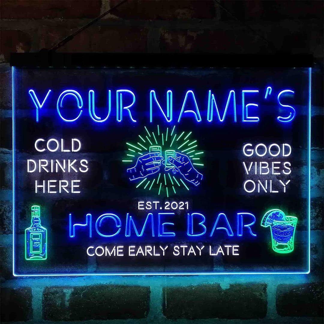Personalized Gin Glass Home Bar Tri-Color LED Neon Light Sign Customize Name Date Text Quote Font White & Green & Blue 17.7 x 13.6 Inches st9s43-p4-tm-wgb