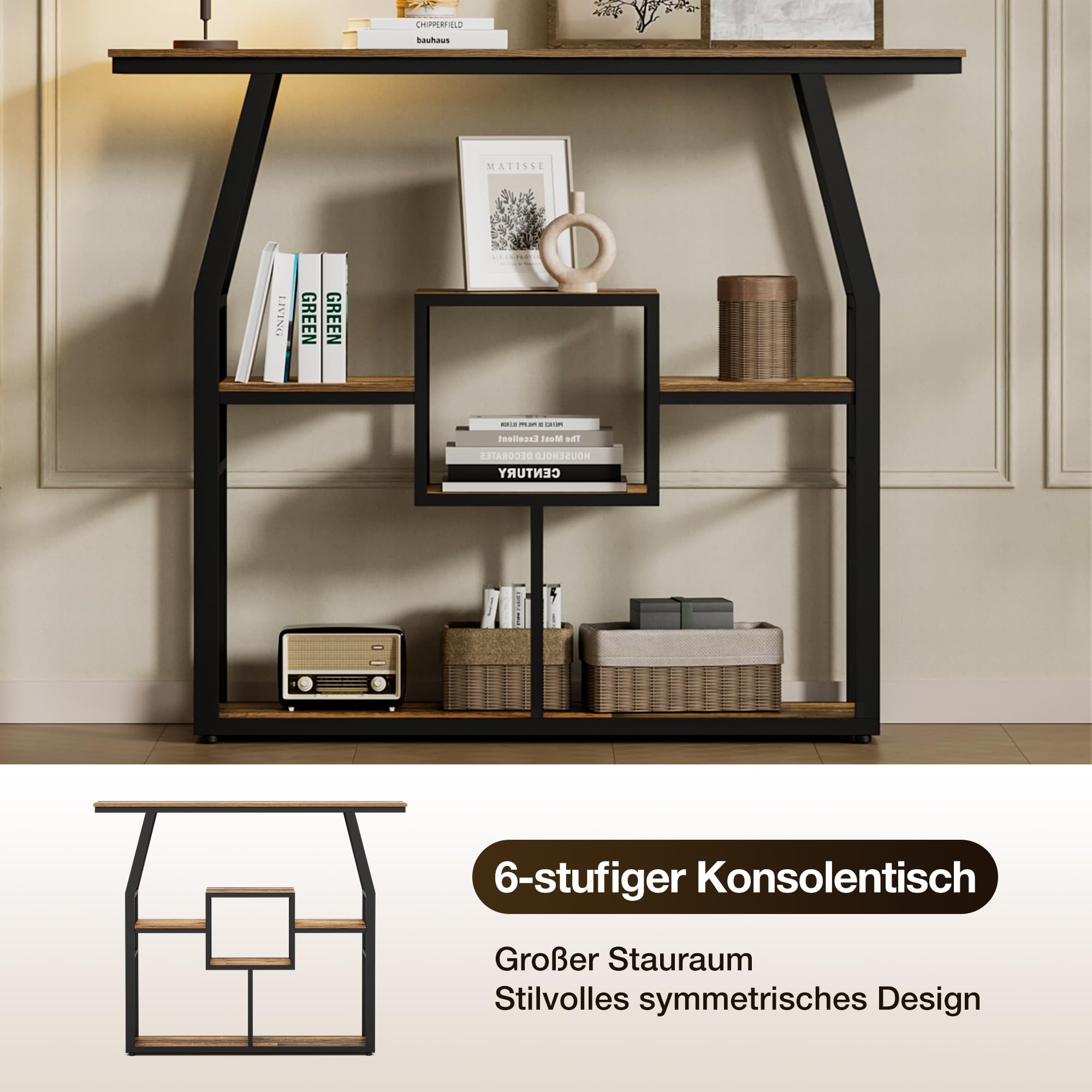 Pamapic Konsolentisch, 105cm Schmaler Konsolentisch,Schmaler Flurtisch Marmo mit 6 Ablagen, Sofa-Beistelltisch für Eingang, Flur, Foyer, Wohnzimmer, industriell, Schwarz+Retro
