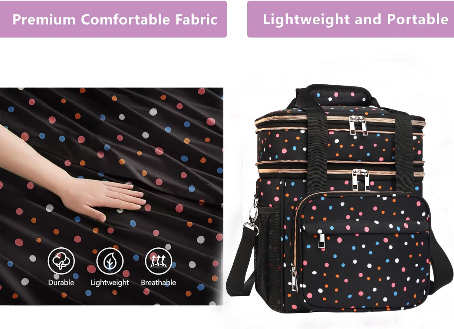 GLENKEY Expandable Lightweight Insulated Lunch Box for Women, Double Deck Large Lunch Bag Leakproof Soft Cooler Bags for Adults Work Office Flight Beach Travel, Polka Dots, 16L - Image 5