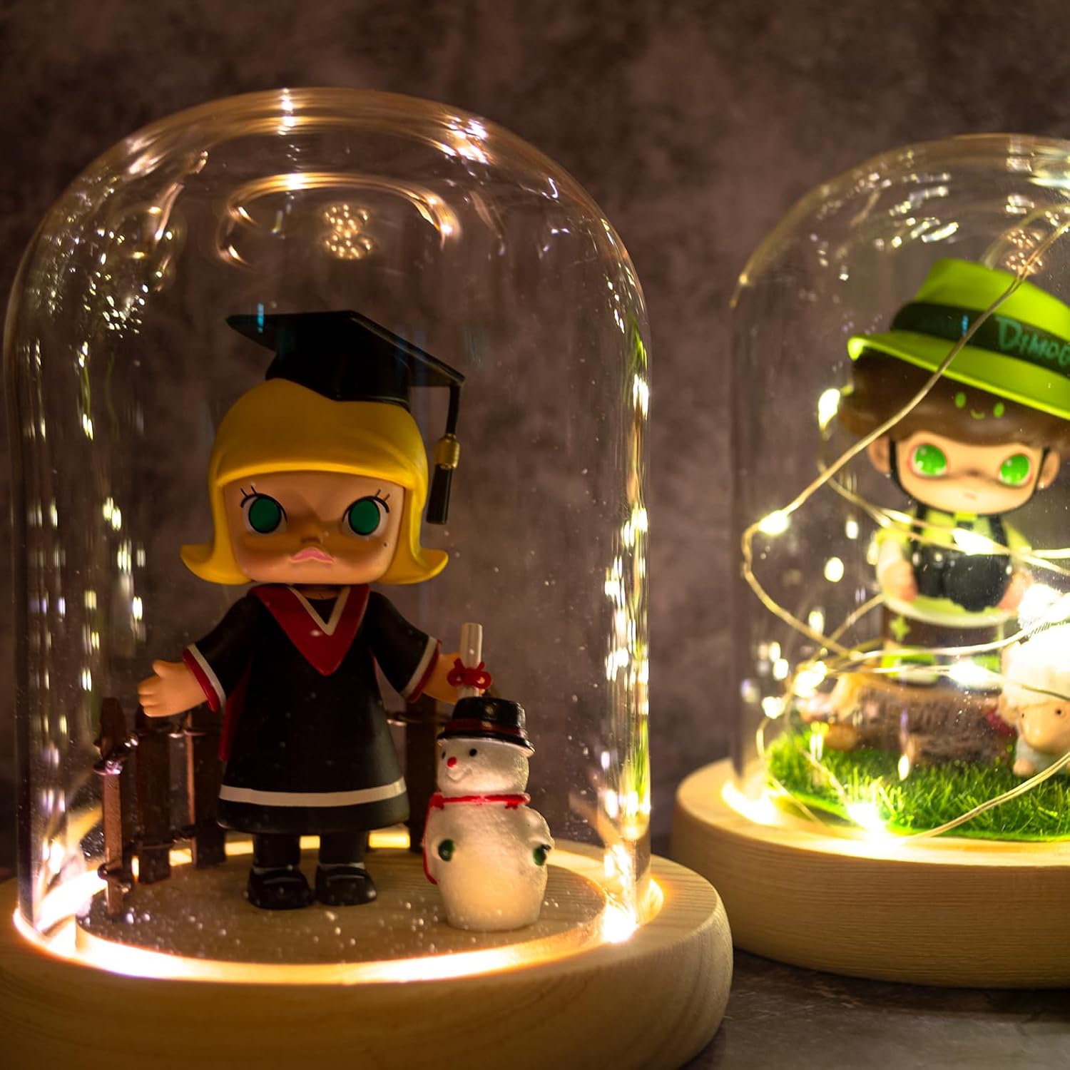 DuvinDD Glass Dome Cloche with LED Light Base, Bell Jar Display Dome Clear Small Glass Display Case, 4.3" D X 4.7" H, Gifts for Women