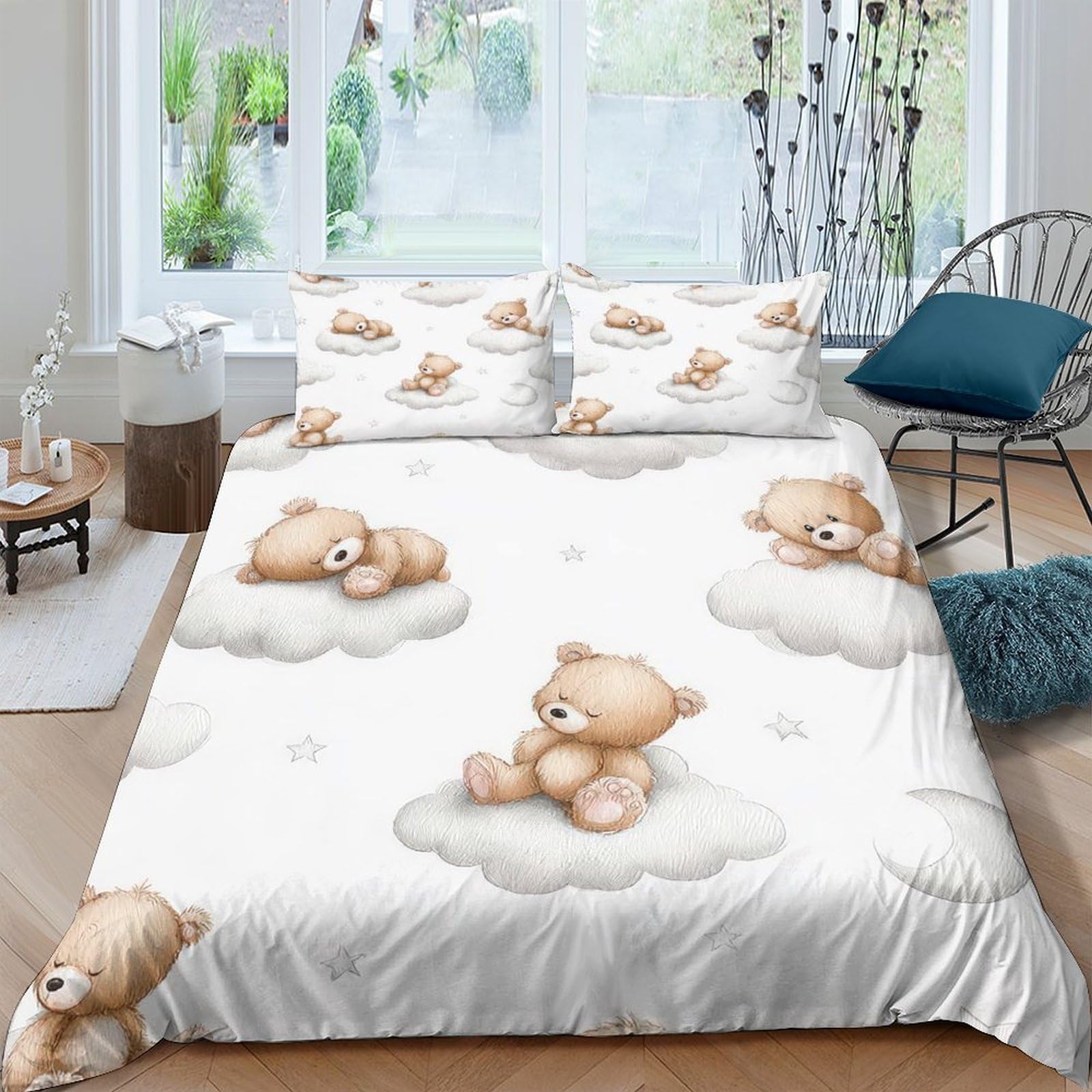 Ctjqhvkz Style-1 3D Printed Cute Teddy Bear Fitted Sheet Microfiber Soft Bedroom Decor Cloud Mattress Cover For All Ages Single（135X200cm）