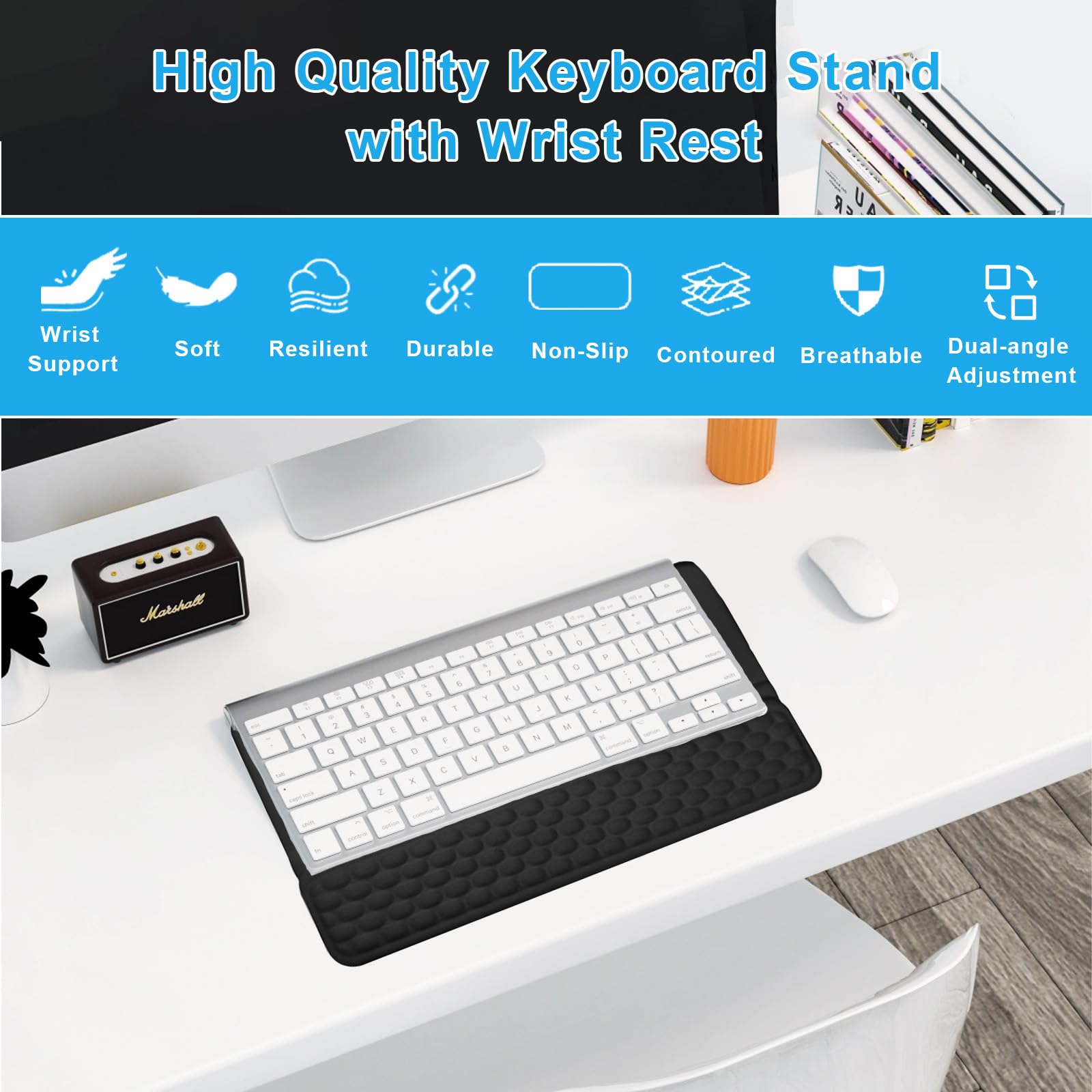 Soporte Teclado Ergonómico con Reposa Muñecas Integrado, 2 Ángulos Ajustables Antideslizante, Alivia Dolores Muñecas para Oficina Gaming Estudio