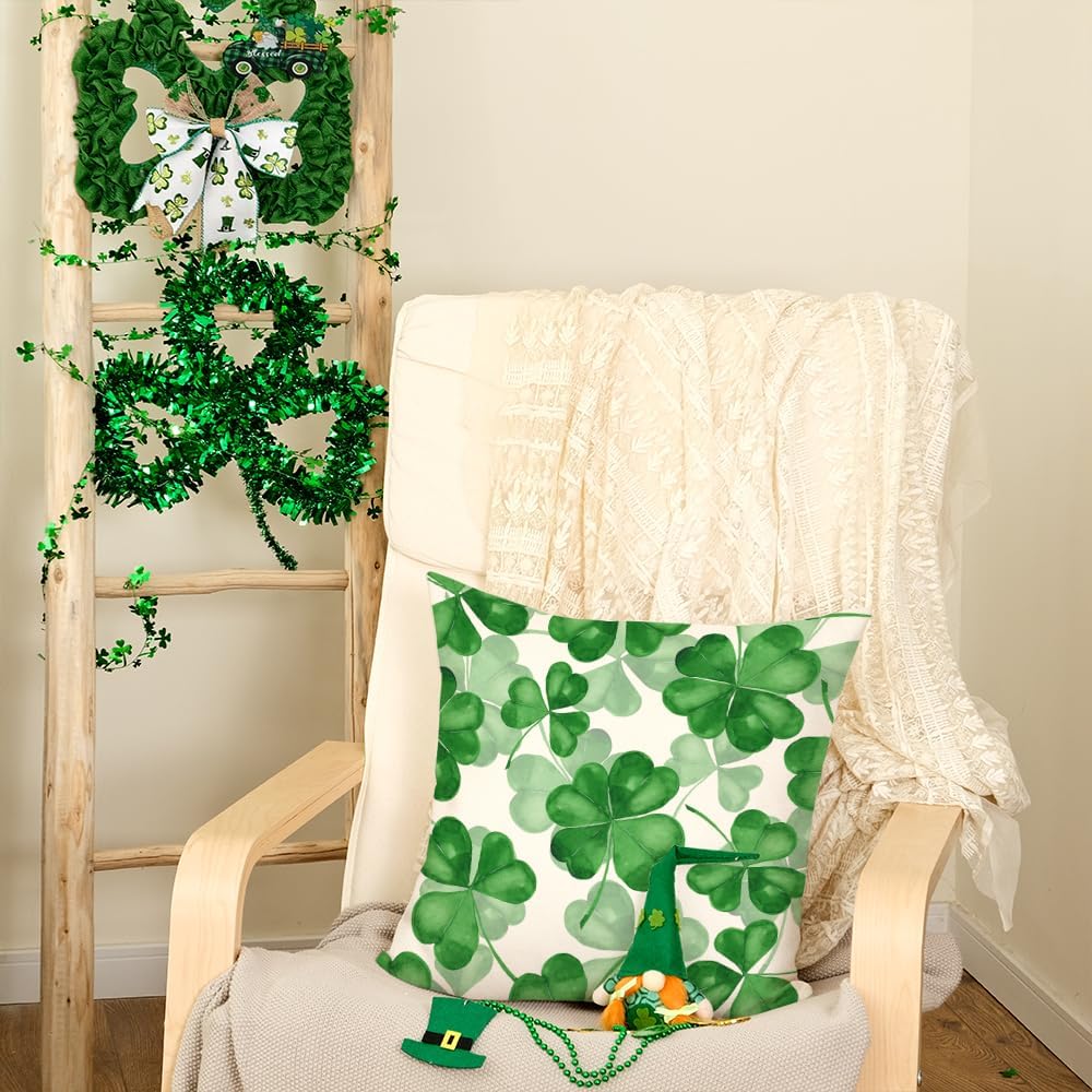AACORS St Patricks Day Pillow Cover 18X18 Inch Shamrock Clovers Decor Farmhouse Holiday Spring Pillow Case Decorations for Home Sofa Couch (Green) - Image 3