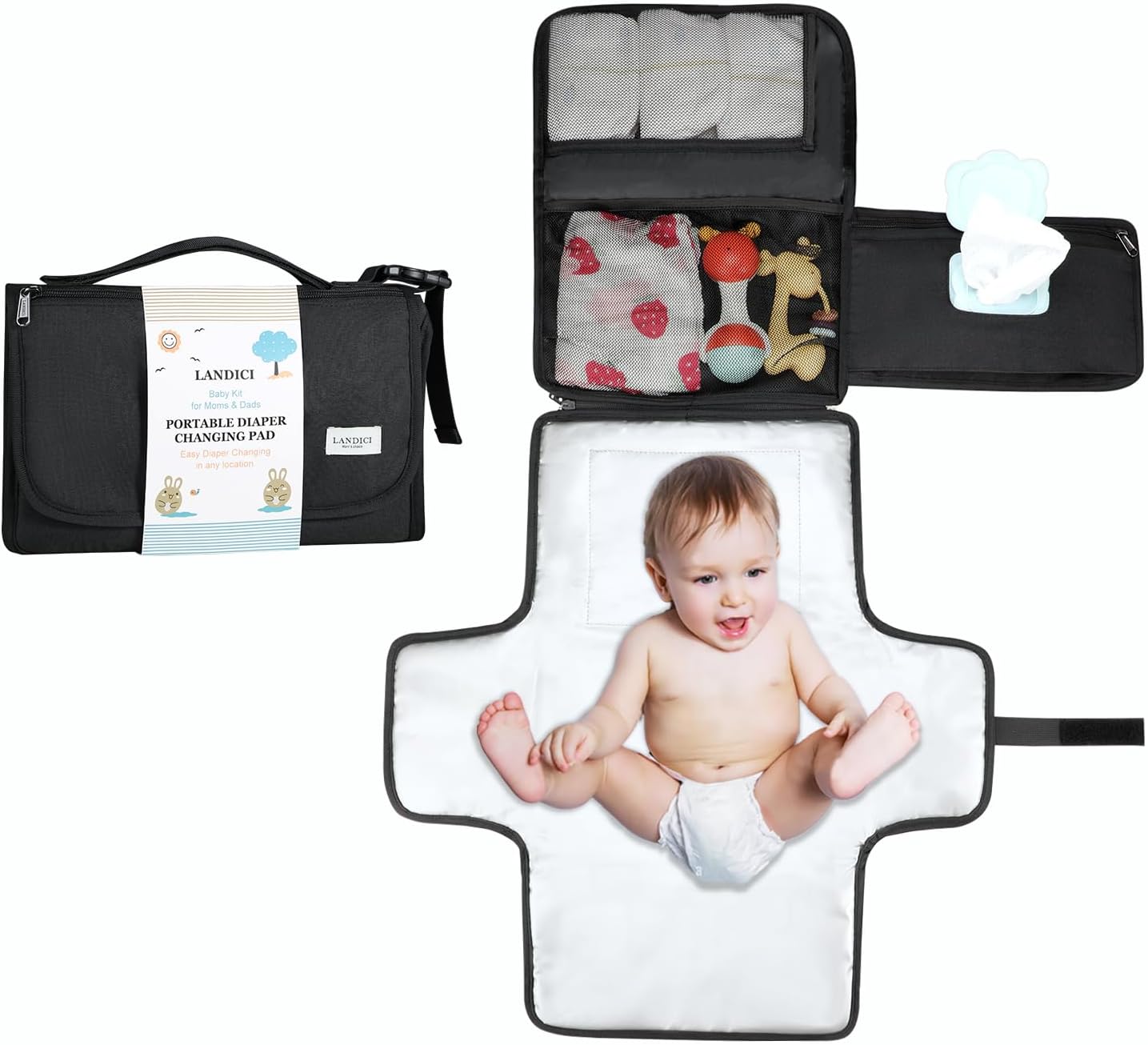 LANDICIPortable Nappy Changing Mat Travel Baby Change Mat with Smart Wipes Pocket,Foldable Waterproof Diaper Pad Bag,Baby Essentials Changing Station for Boy & Girl,Newborn Shower Gifts (Black)